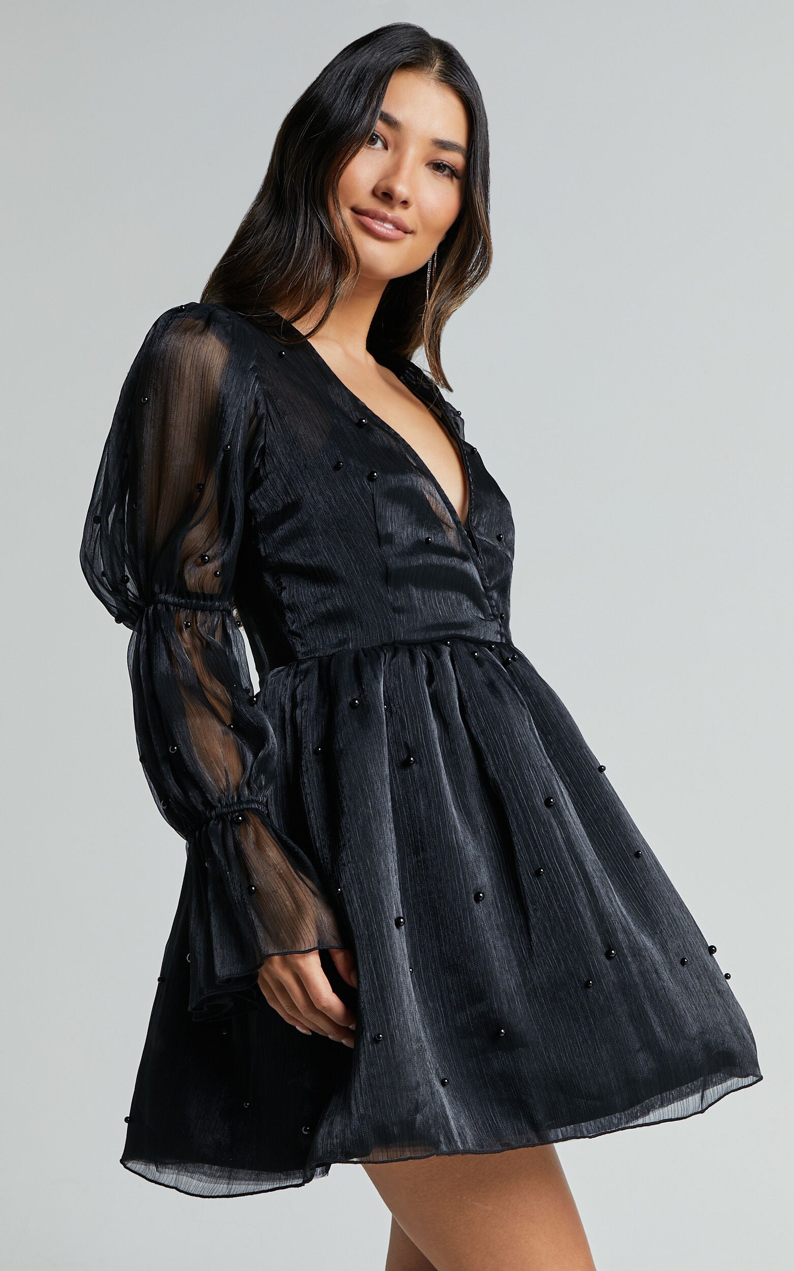 Lanna Mini Dress - Long Puff Sleeve V Neck Dress in Black