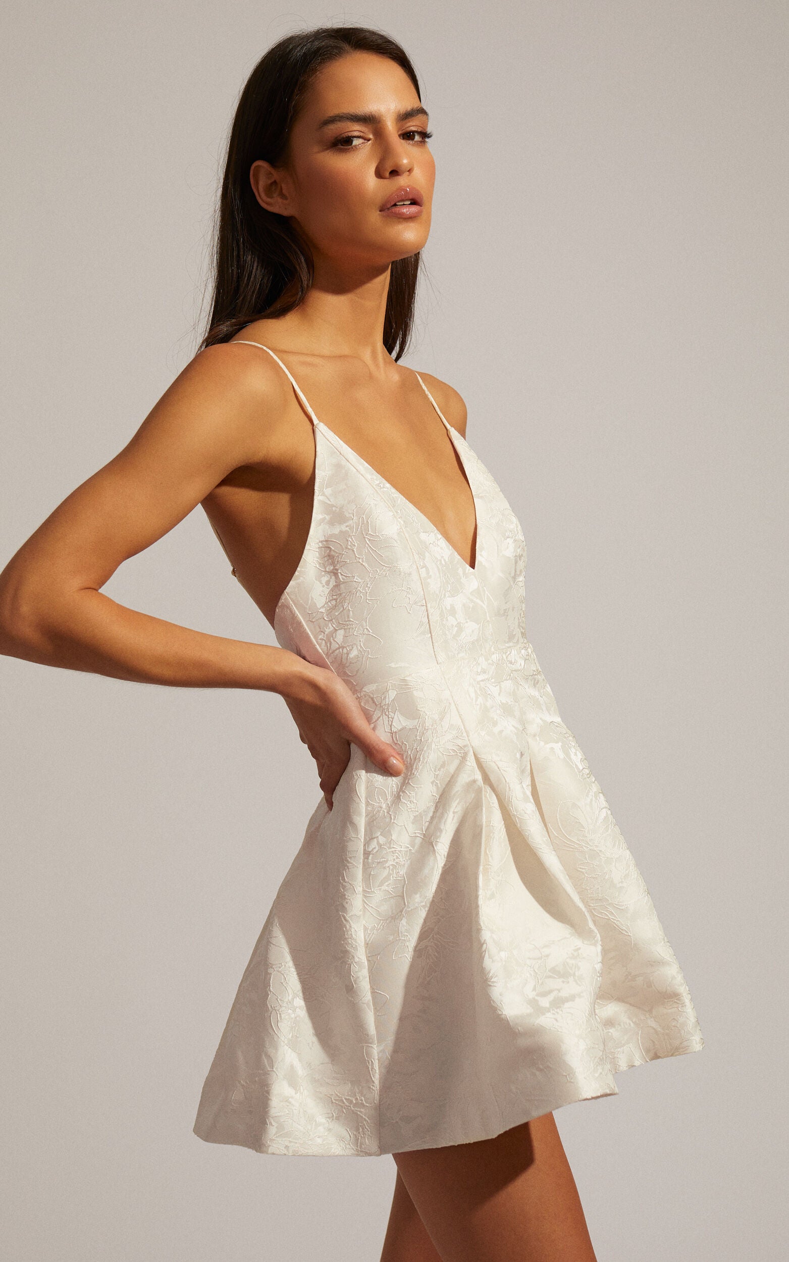 Gemima Mini Dress - Strappy Plunge Neck Fit and Flare Dress in White