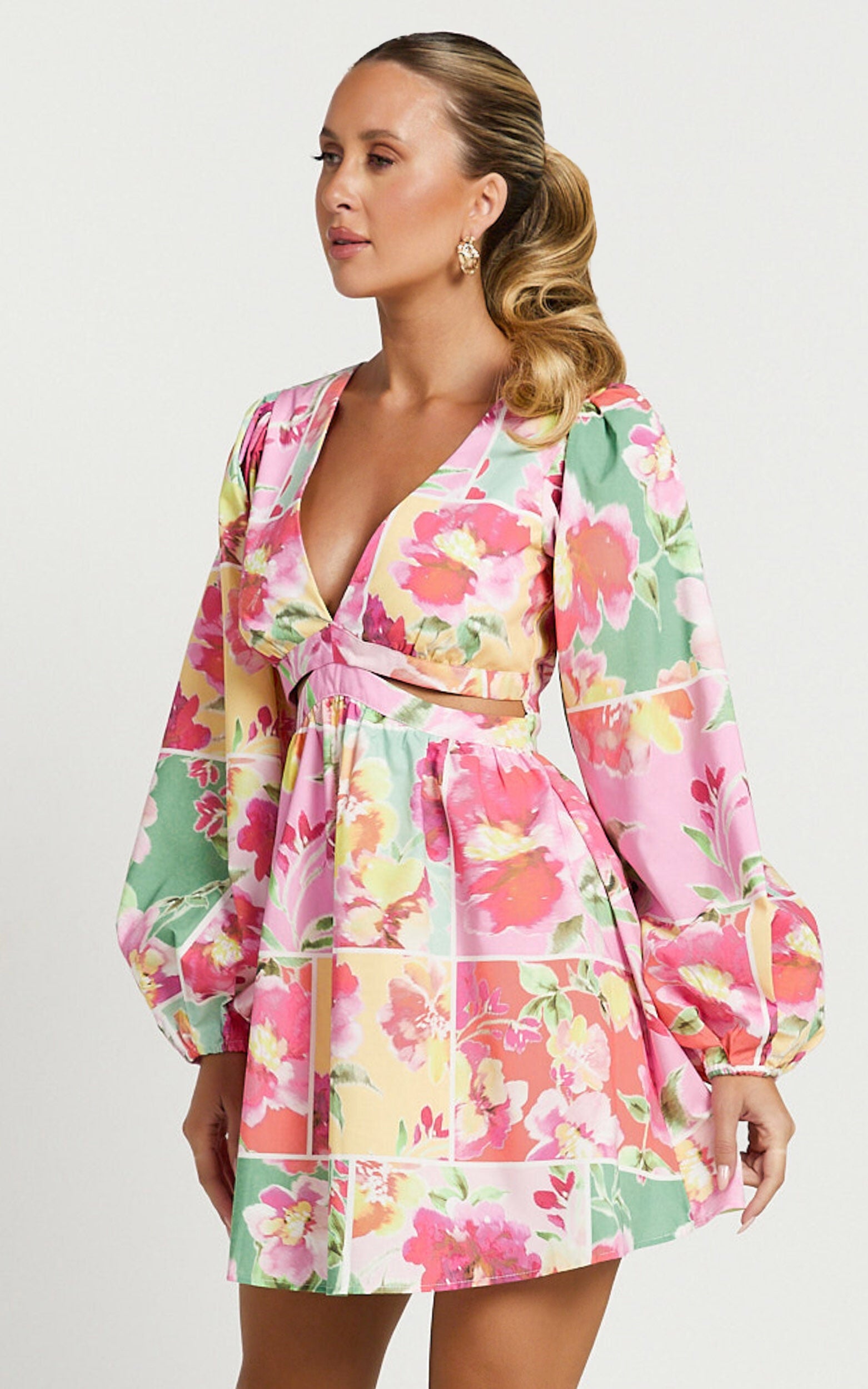 Emily Mini Dress - V Neck Long Sleeve Cut Out Dress in Blurred Patchwork Floral