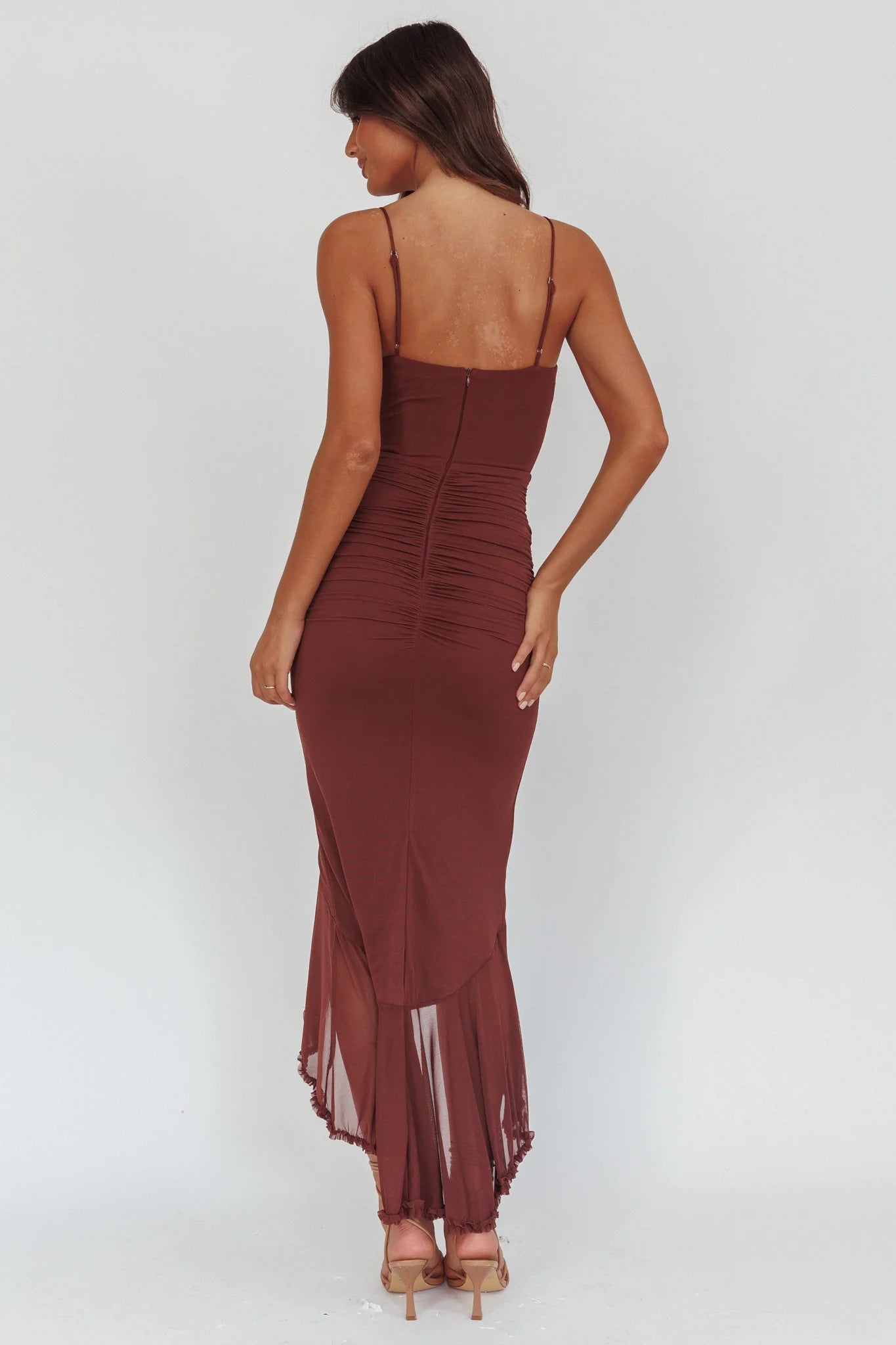 Kamilah Gathered Cascading Ruffle Midi Dress Maroon