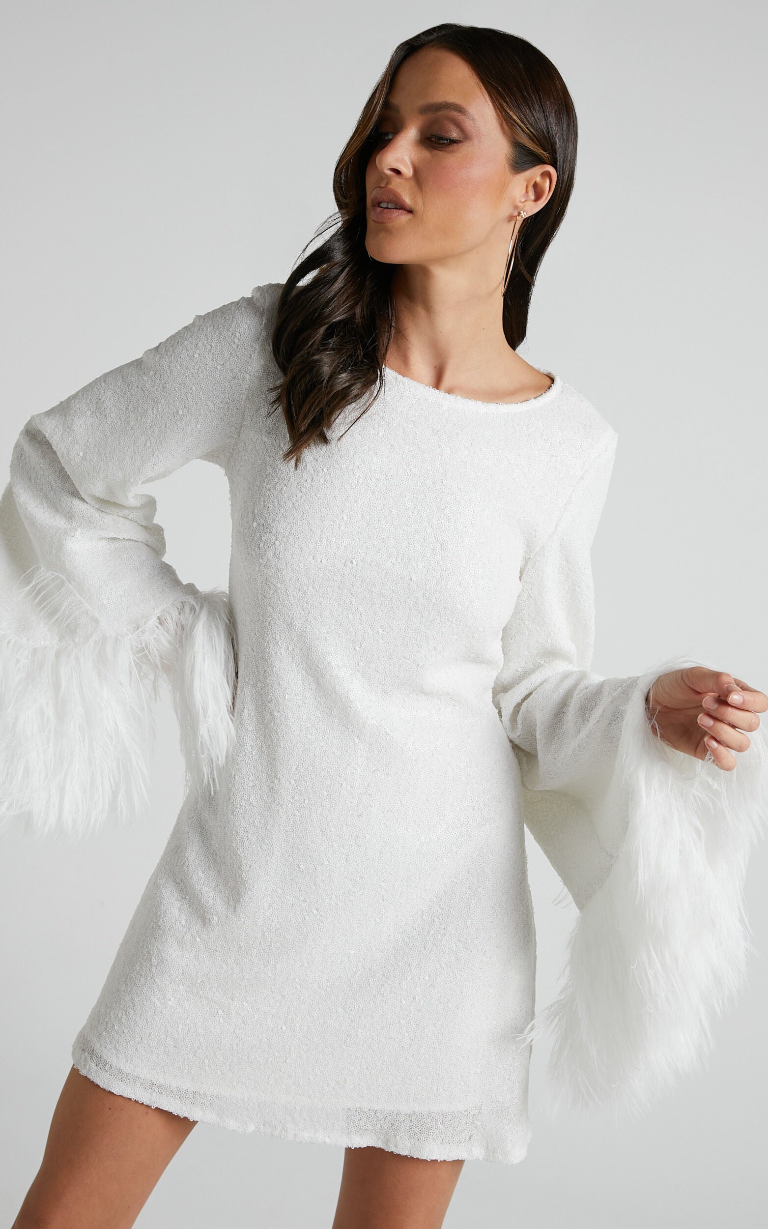 Rowella Mini Dress - Faux Feather Bell Sleeve Dress in White