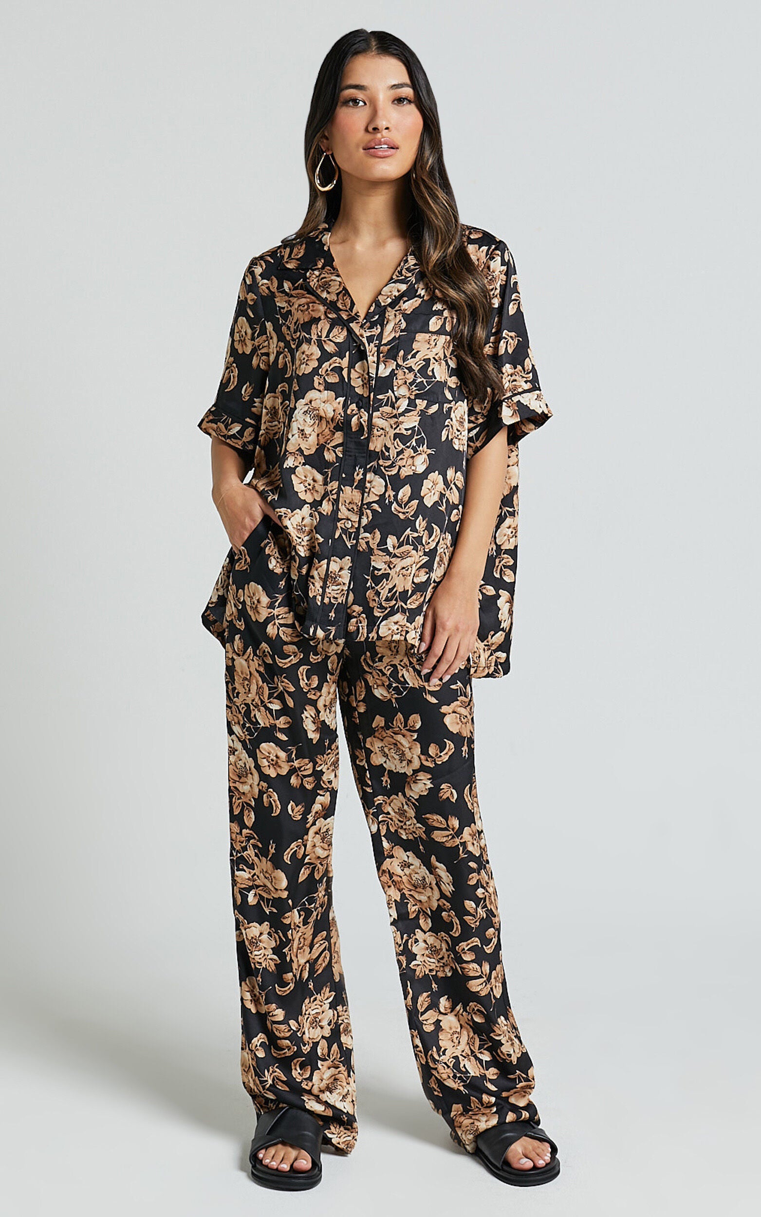 Laila Pants - High Waisted Wide Leg Pants in Black Floral