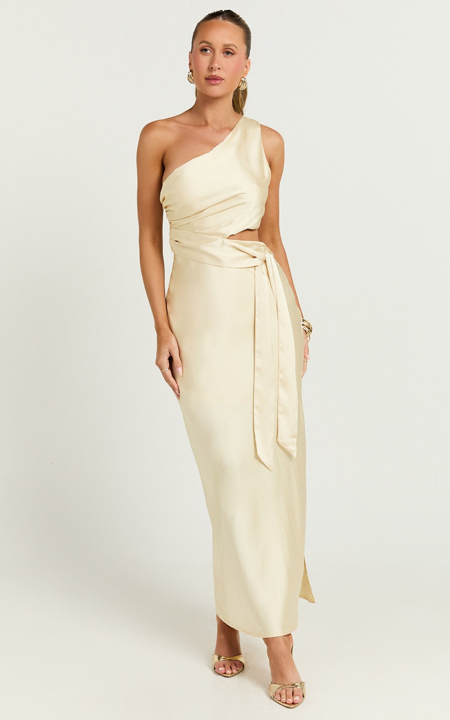 Regina Midi Dress - One Shoulder Cut Out Side Detail  Dress in Butter