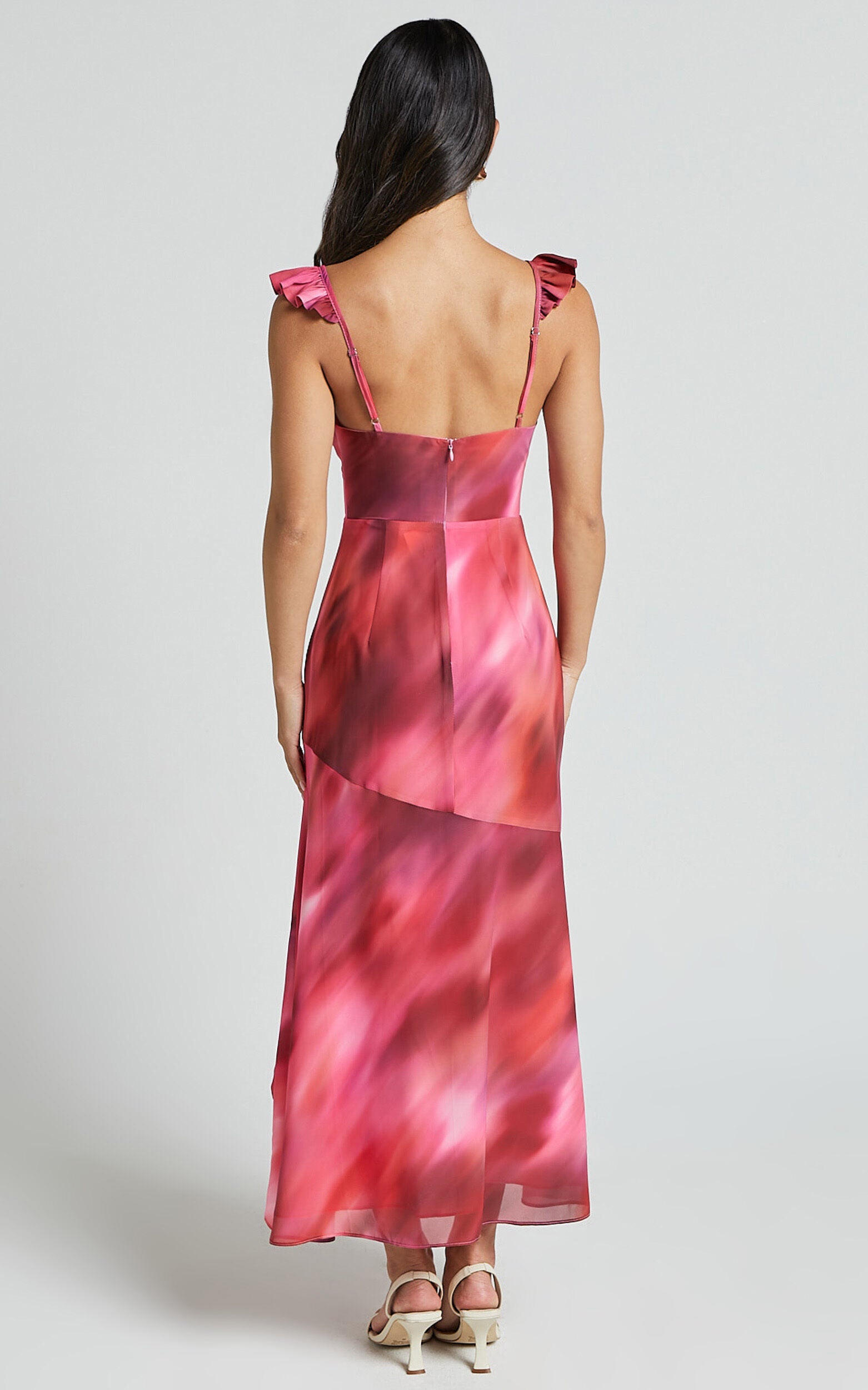 Gillian Midi Dress - Flutter Sleeve Low Back Ruffle Detail Dress in Blushing Haze