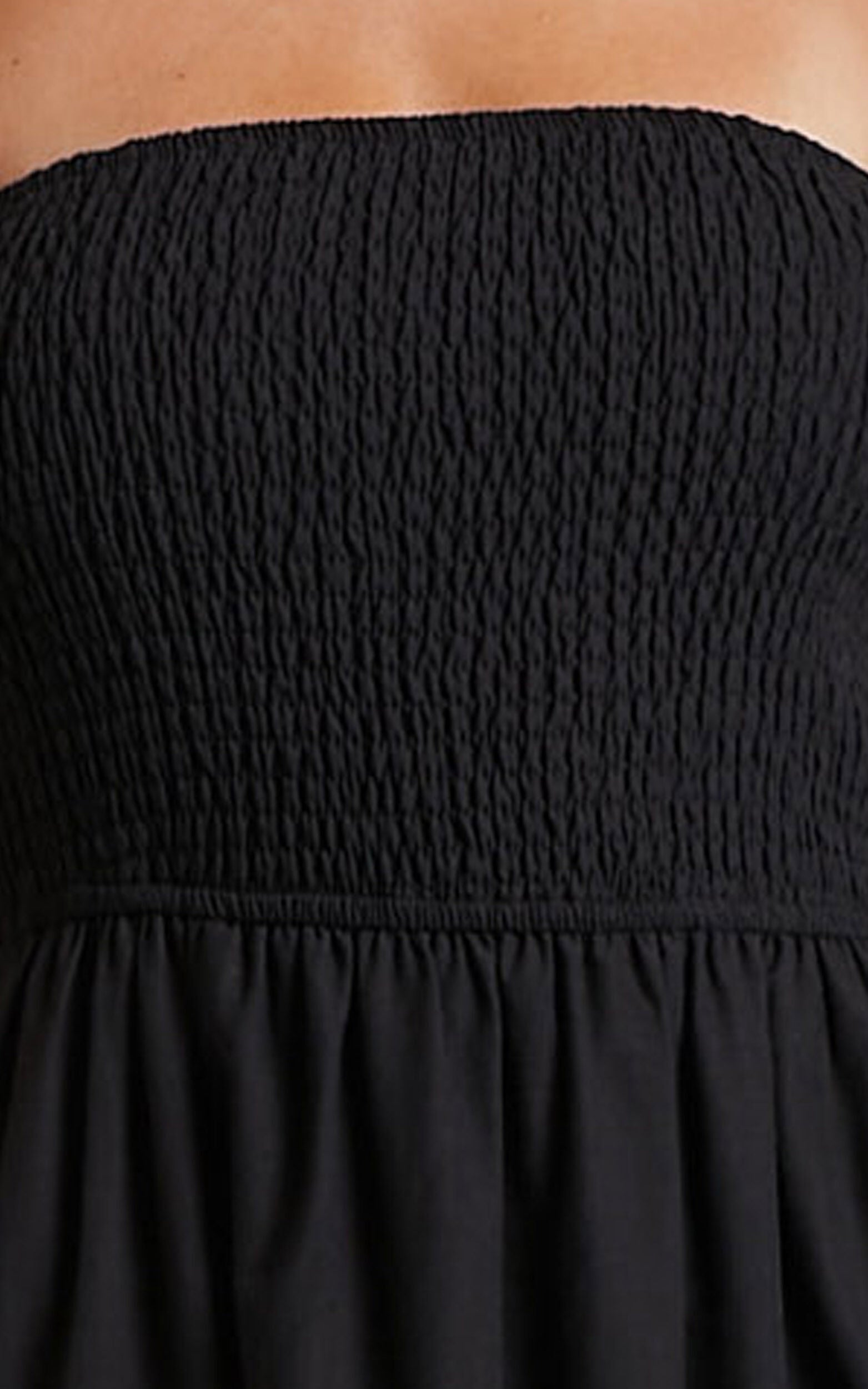 Zoe Midi Dress - Strapless Shirred Bodice Tiered Dress in Black