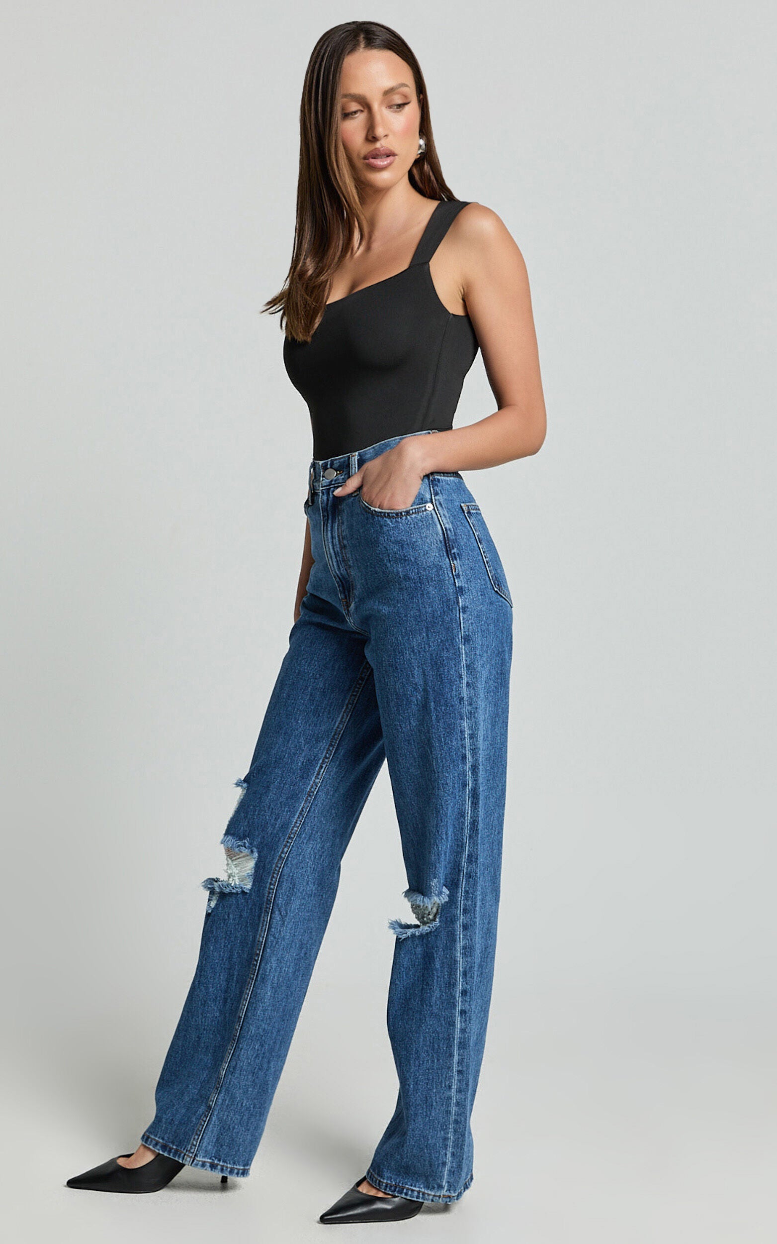 Nerine Bodysuit - Wide Strap Scoop Neck in Black