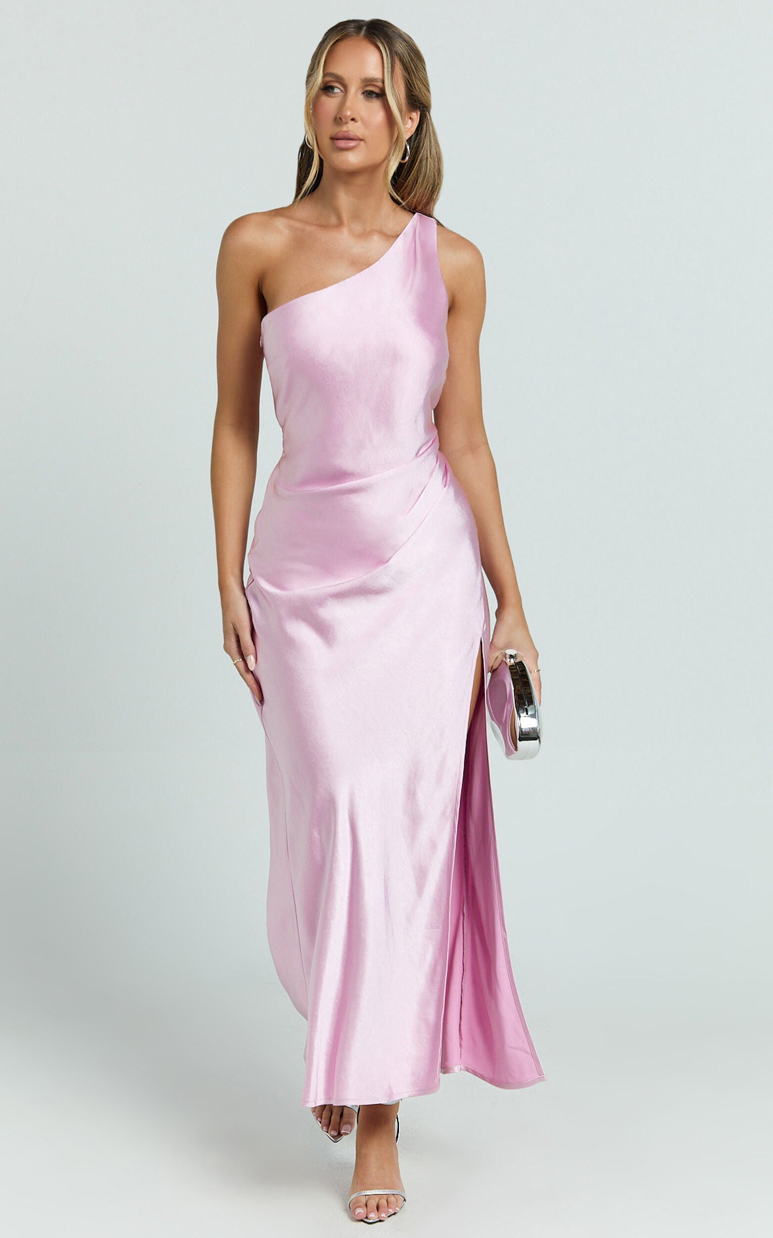 Isla Maxi Dress - Satin One Shoulder Side Split Dress in Pink