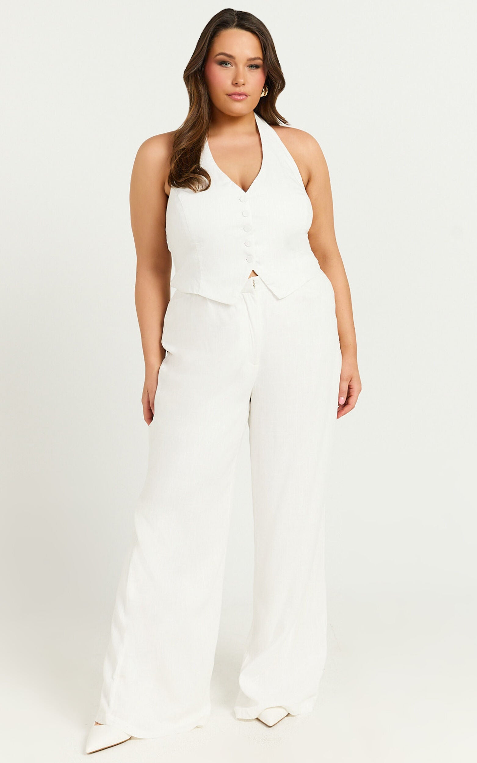 Linette Jumpsuit - Halter Neck Button Through Vest Tailored Wide Leg Jumpsuit in White