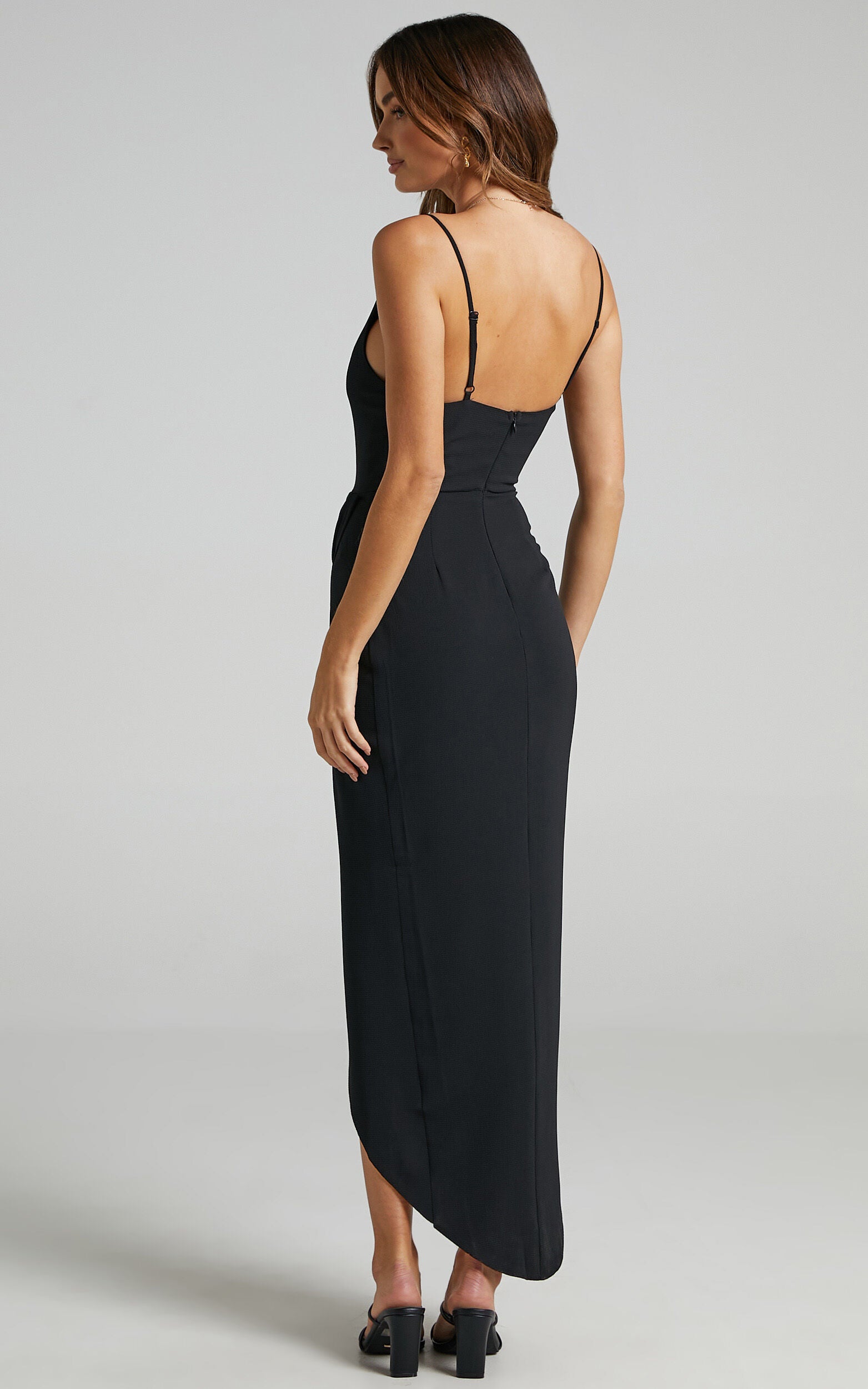 Lucky Day Midi Dress - V Neck Drape Dress in Black