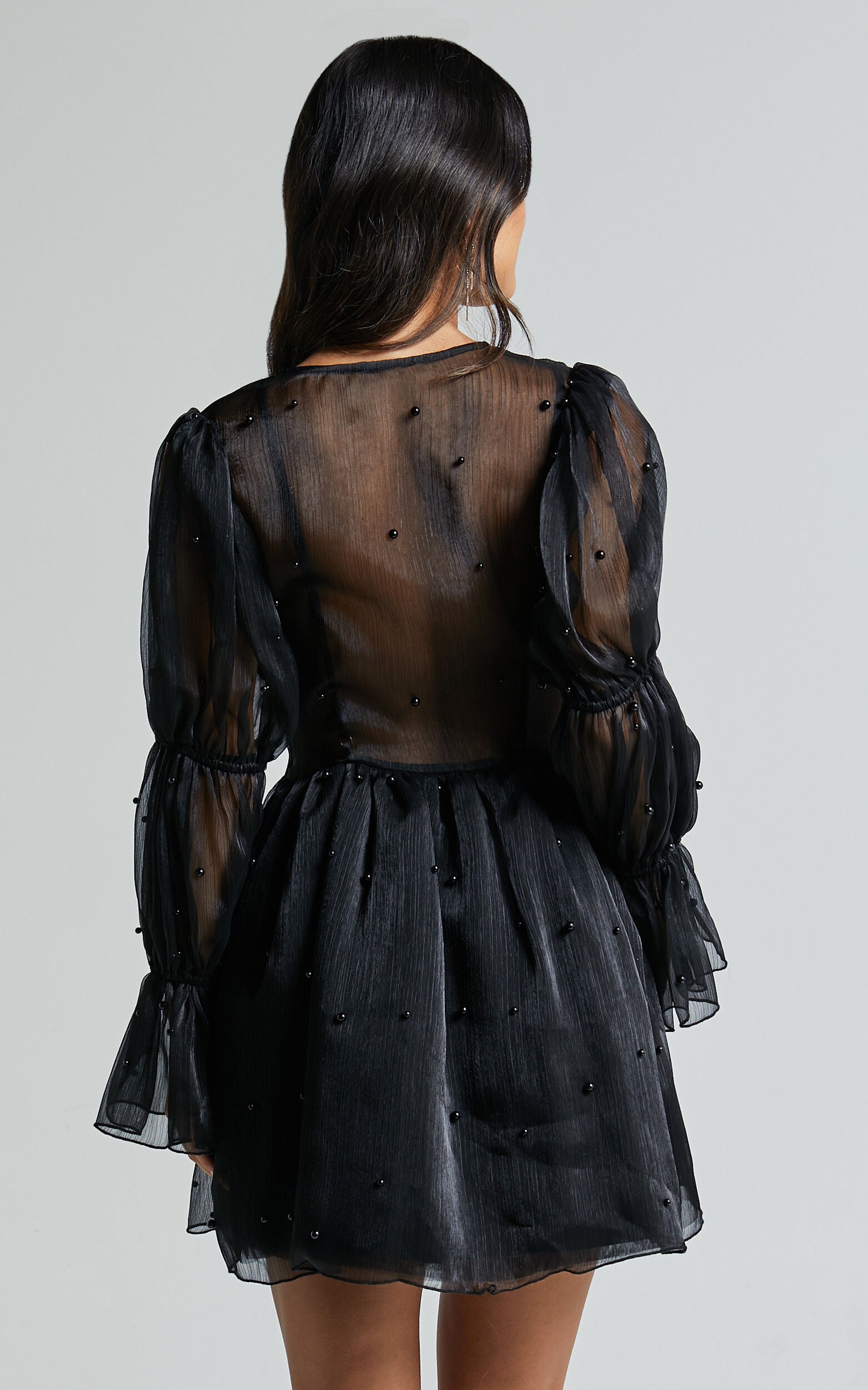 Lanna Mini Dress - Long Puff Sleeve V Neck Dress in Black