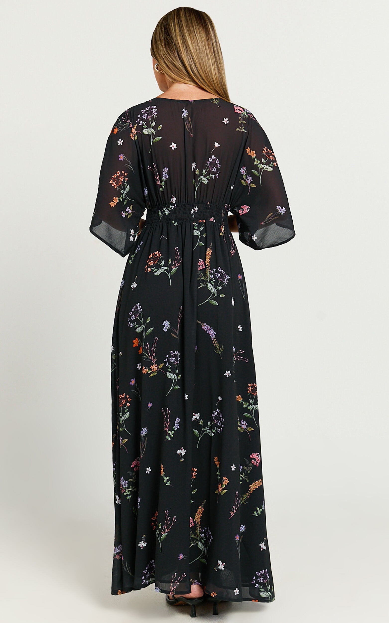 Inka Midi Dress - Short Sleeve Button Down Dress in Black Flower Field