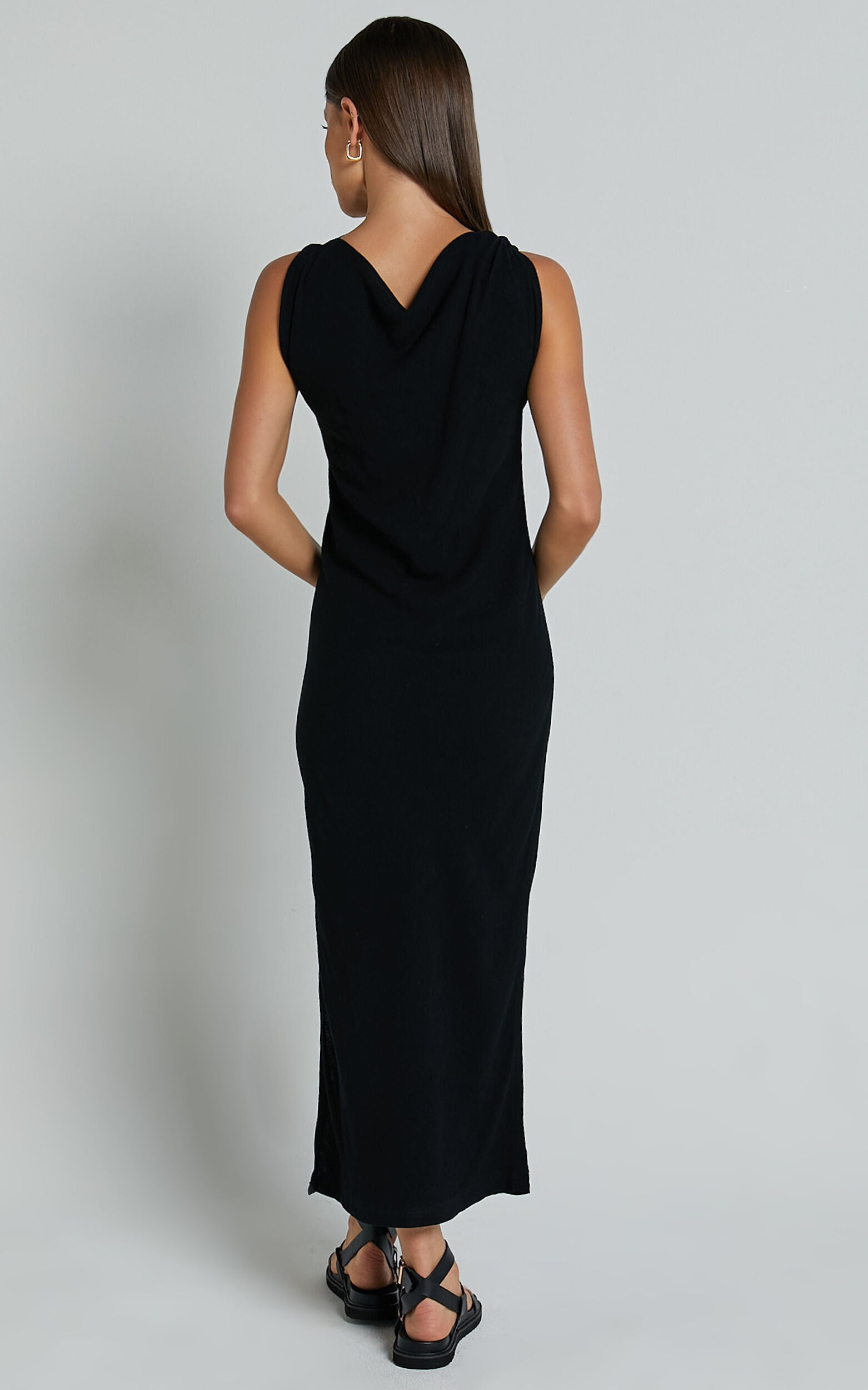 Jessenia Midi Dress - Linen High Neck Dress in Black