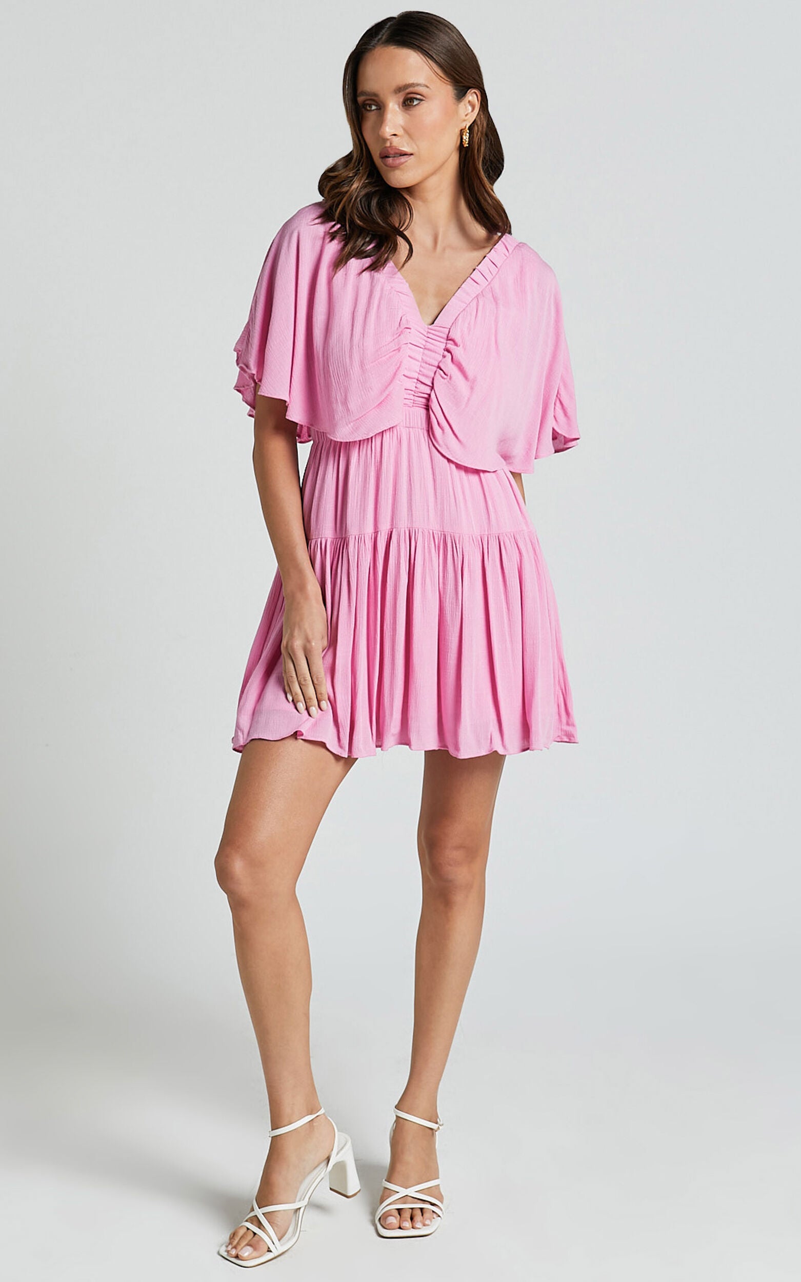 Heidi Mini Dress - Ruffle sleeve Tiered Dress in Pink