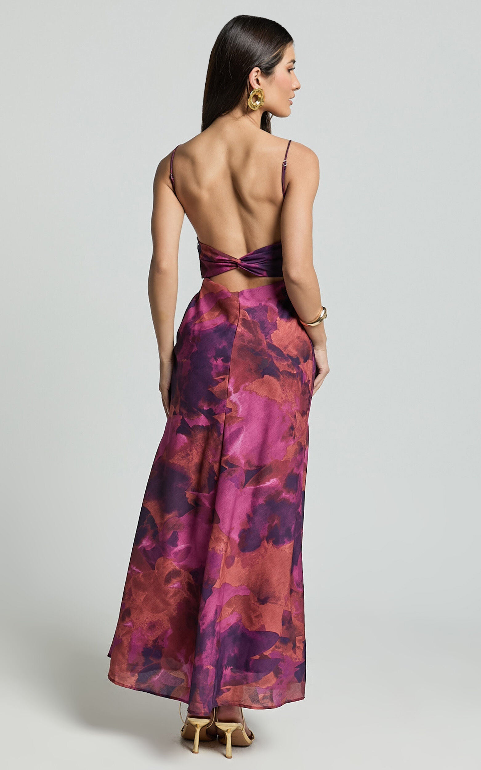 Giselli Midi Dress - Adjustable Strap Ruched Bust Dress in Dark Rose Print