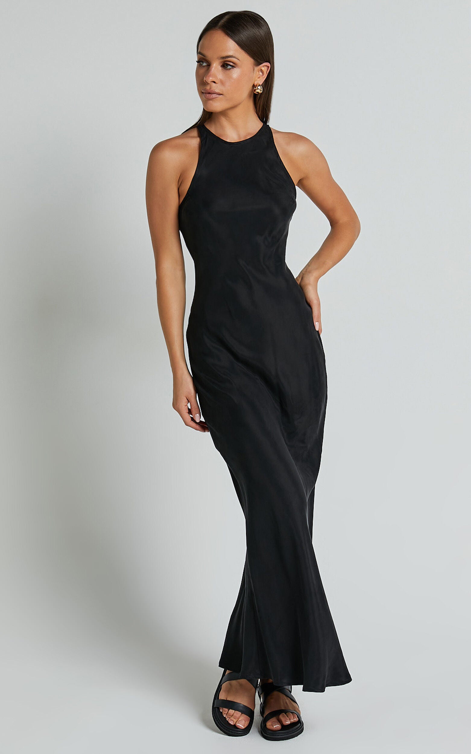 Irvine Midi Dress - Racer Neck Slip Dress in Black