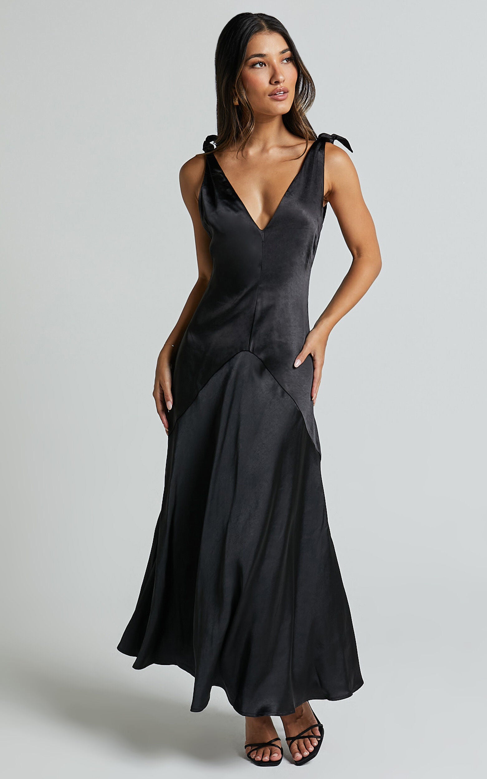 Hart Midi Dress - Tie Shoulder Plunge Satin Dress in Black