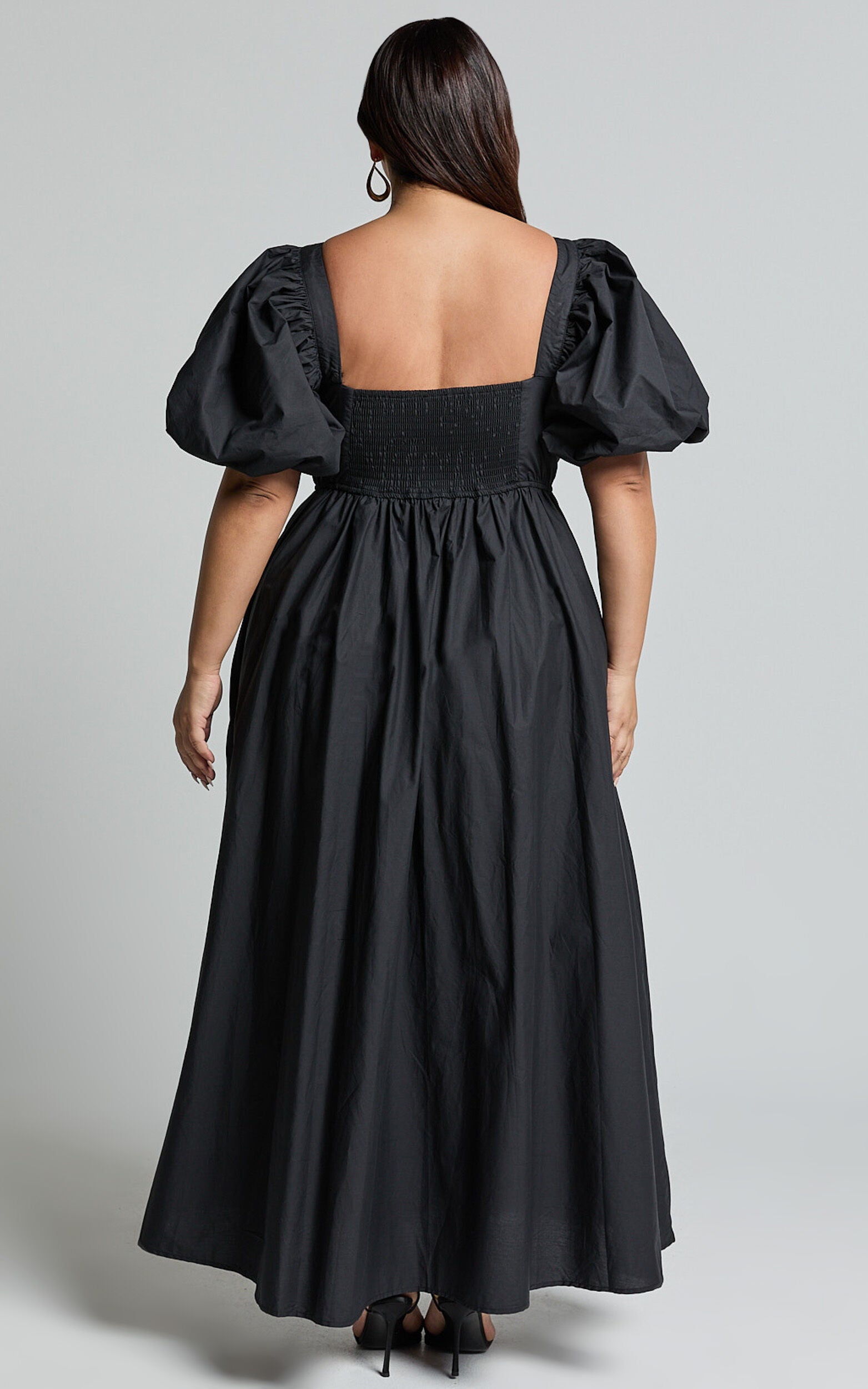 Raiza Midi Dress - Shirred Waist Puff Sleeve Dress in Black