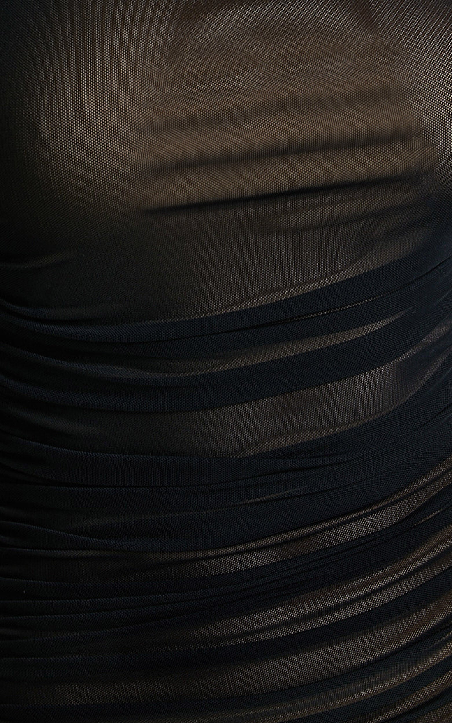 Lunette Midi Dress - One Shoulder Ruched Mesh Dress in Black