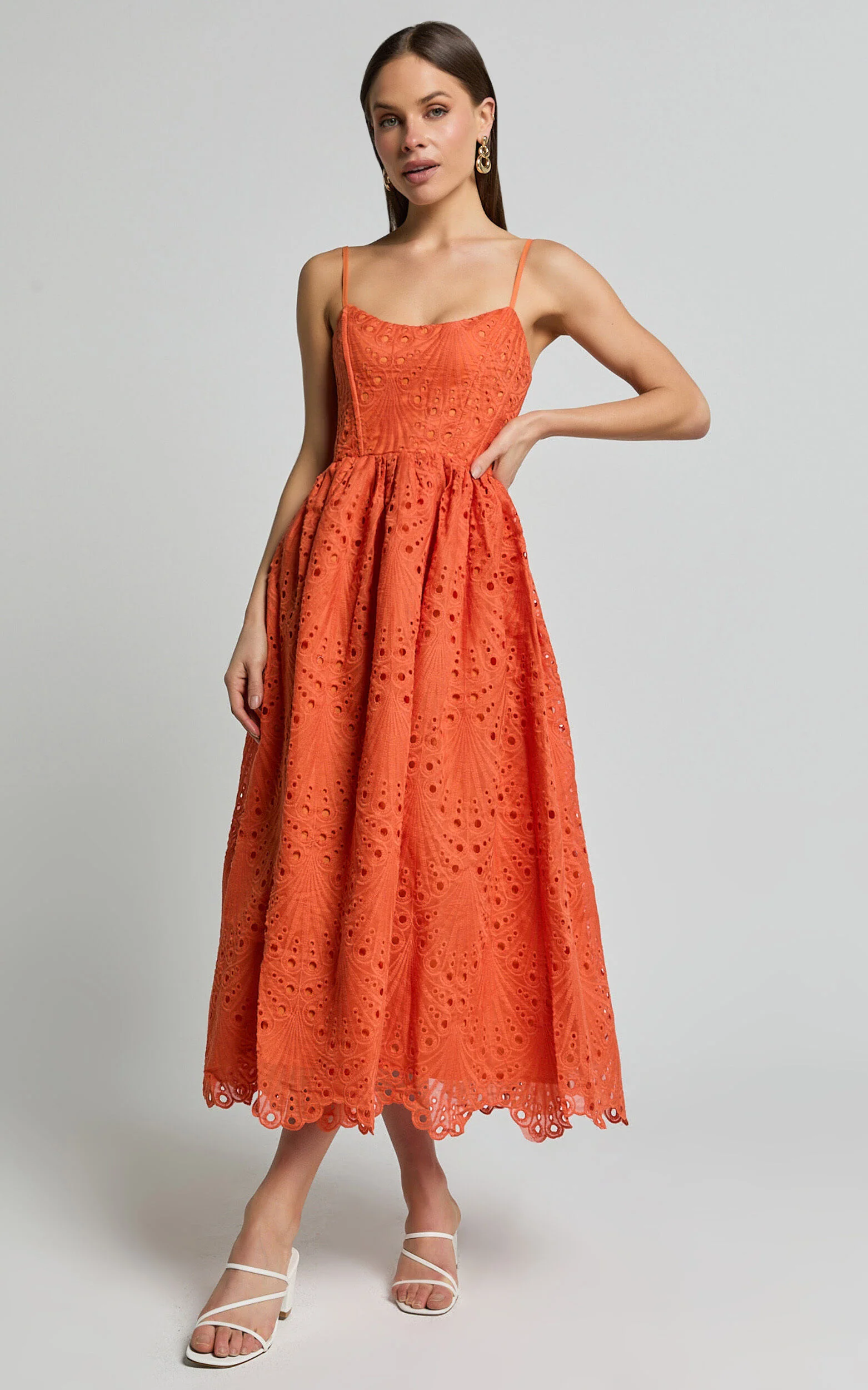 Gabriella Midi Dress - Strappy Gathered Skirt Embroidered Dress in Orange