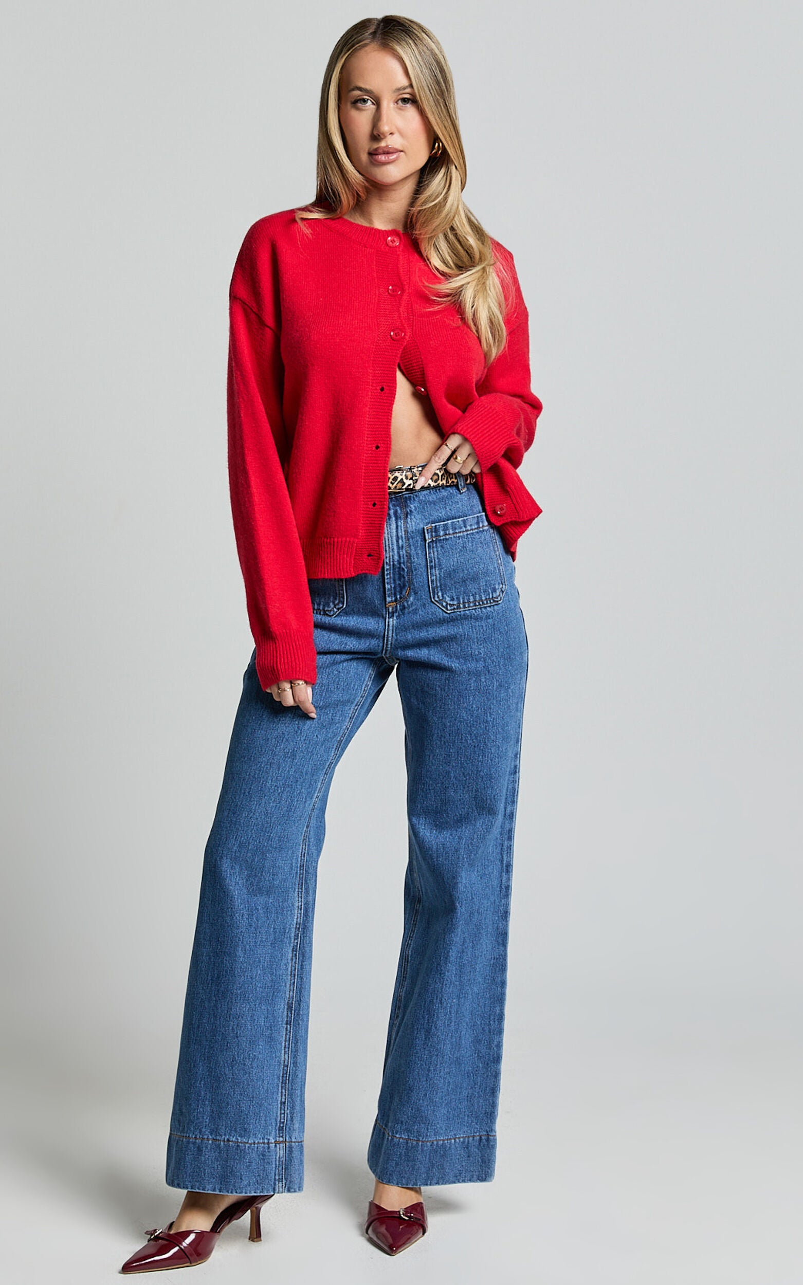 Lucille Cardigan - Button Through Scoop Neck Knit Cardigan in Red