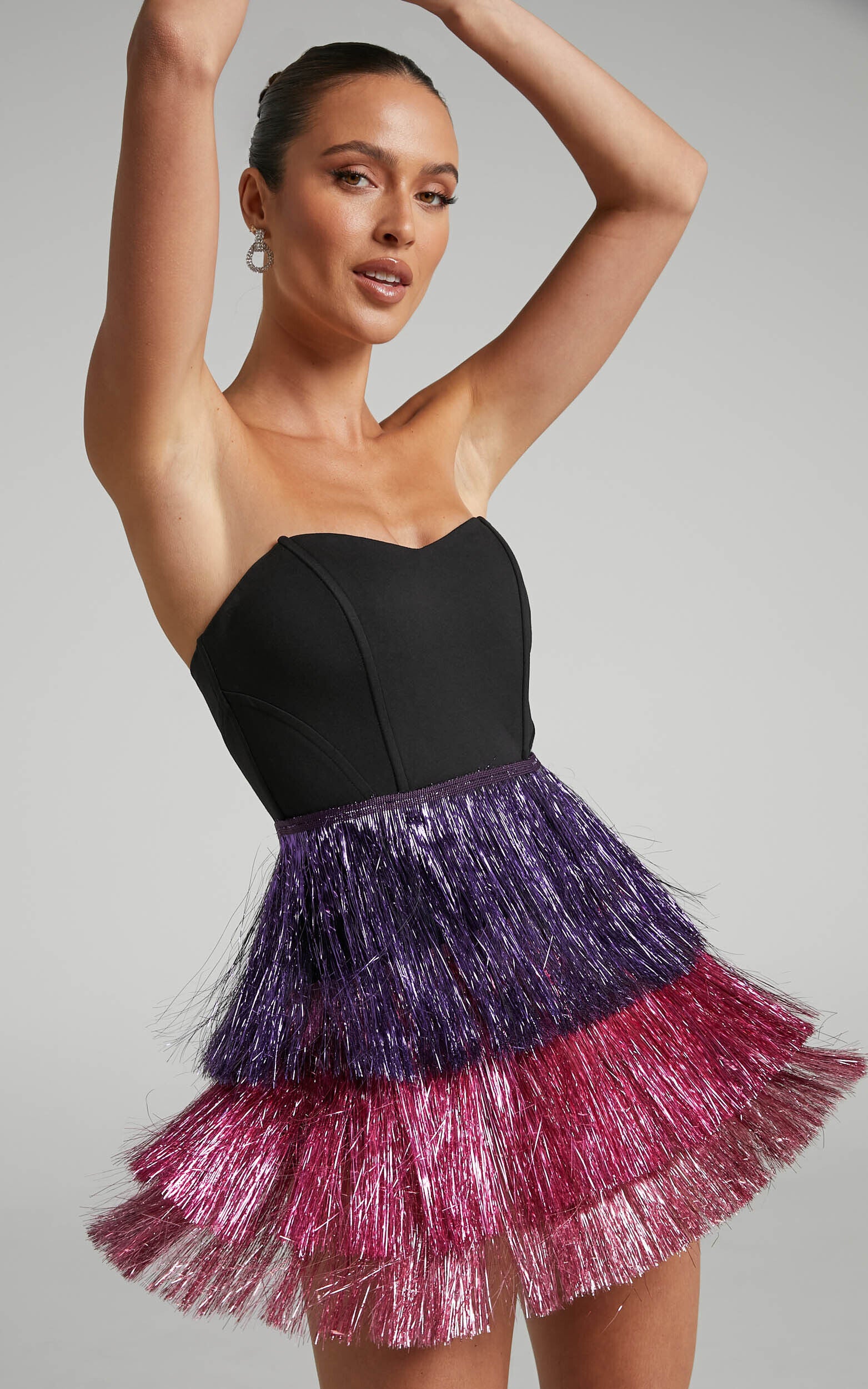 Flossie Mini Dress - Sweetheart Fringe Layered Dress in Black