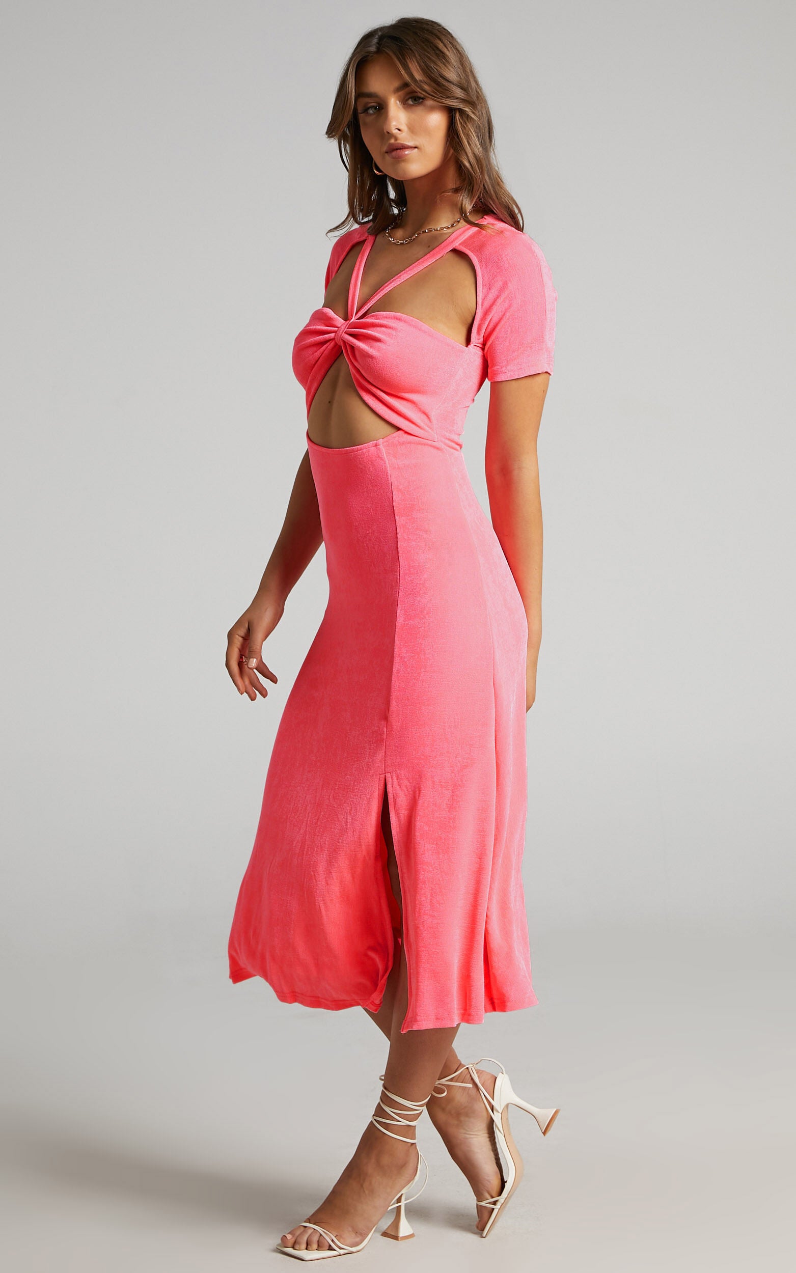 Lyanna Midi Dress - Cut Out Dress in Neon Pink