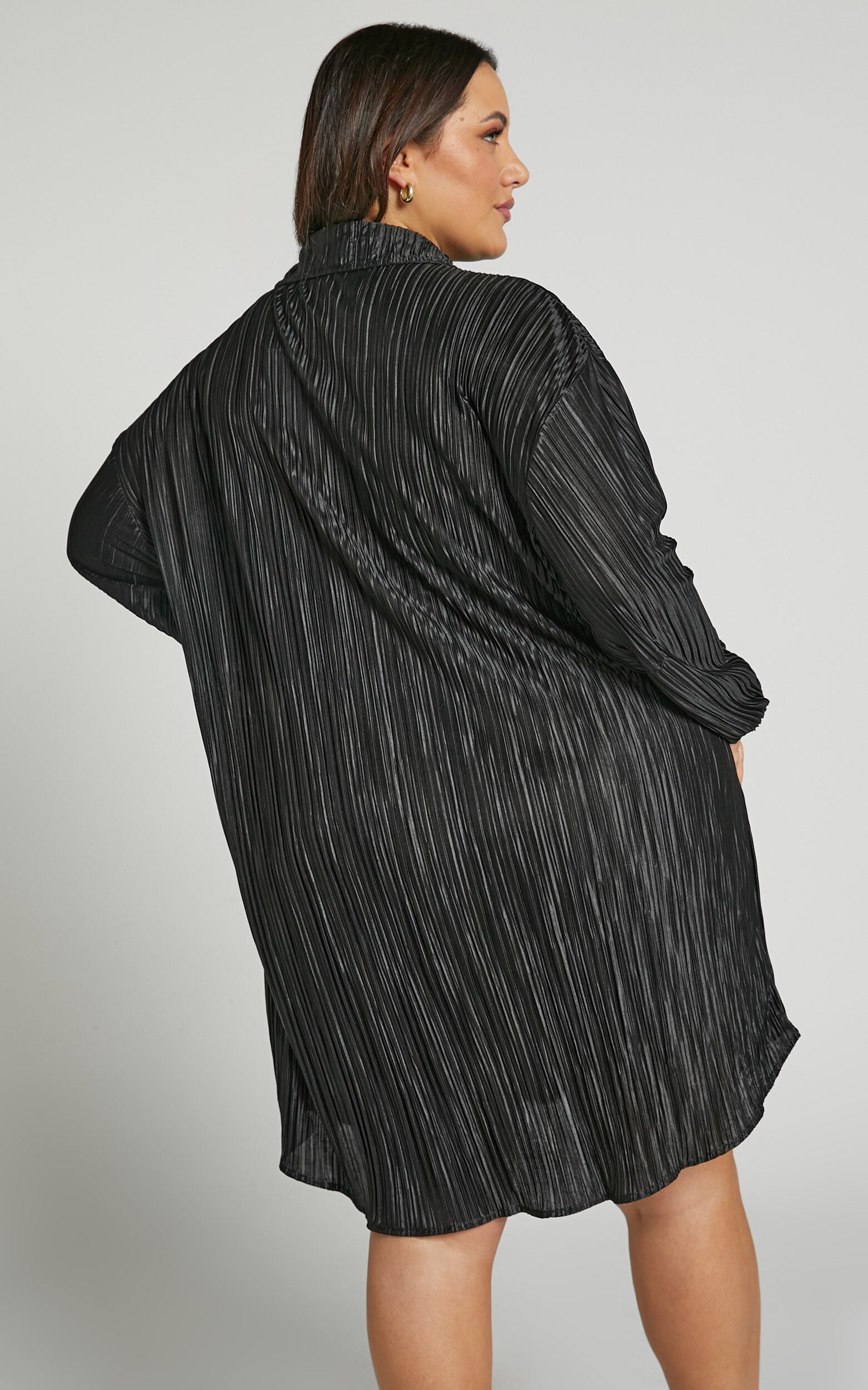 Beca Mini Dress - Crinkle Button Up Shirt Dress in Black