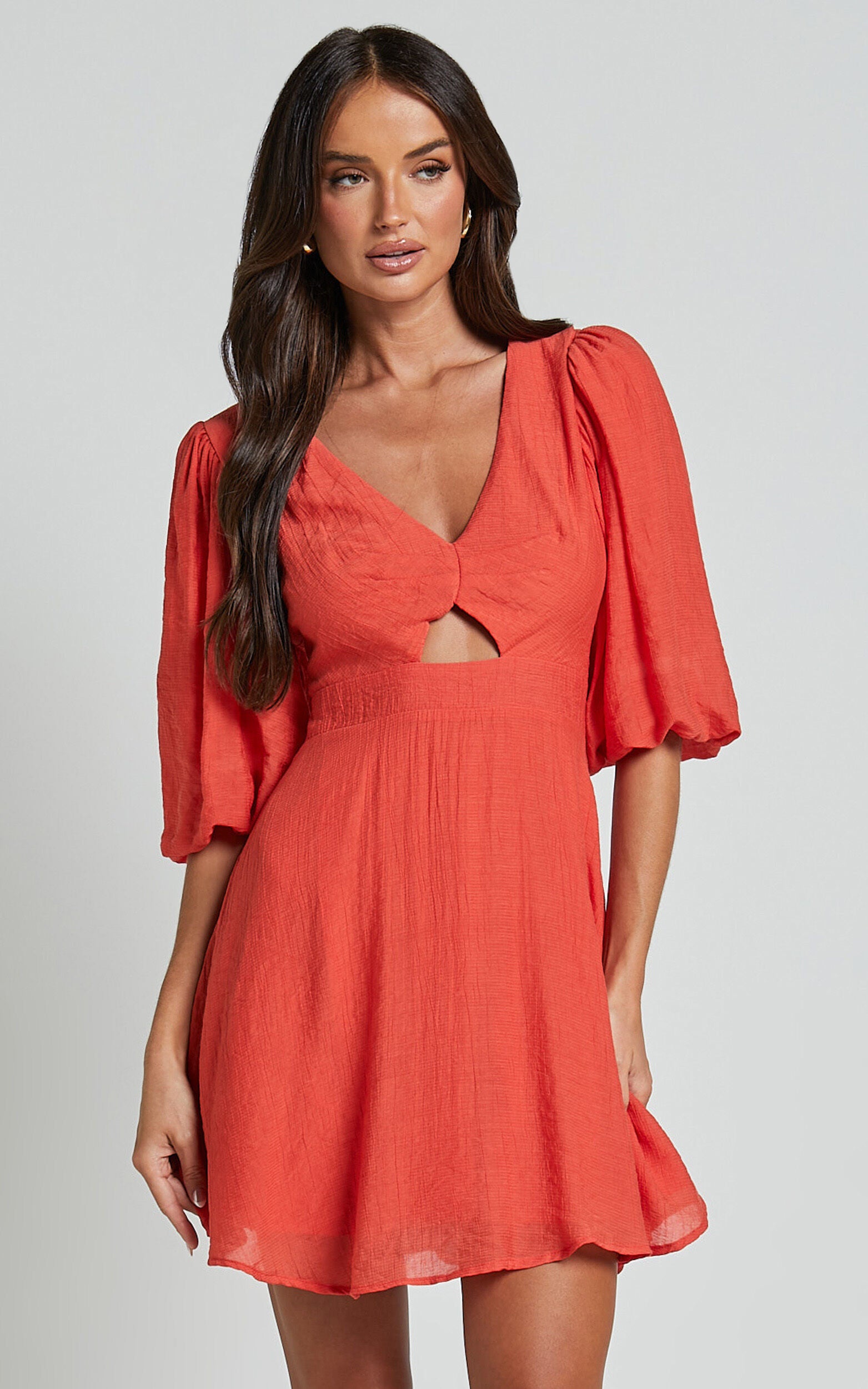 Jackielyn Mini Dress - Front Cut Out V Neck Puff Sleeve A Line Dress in Papaya