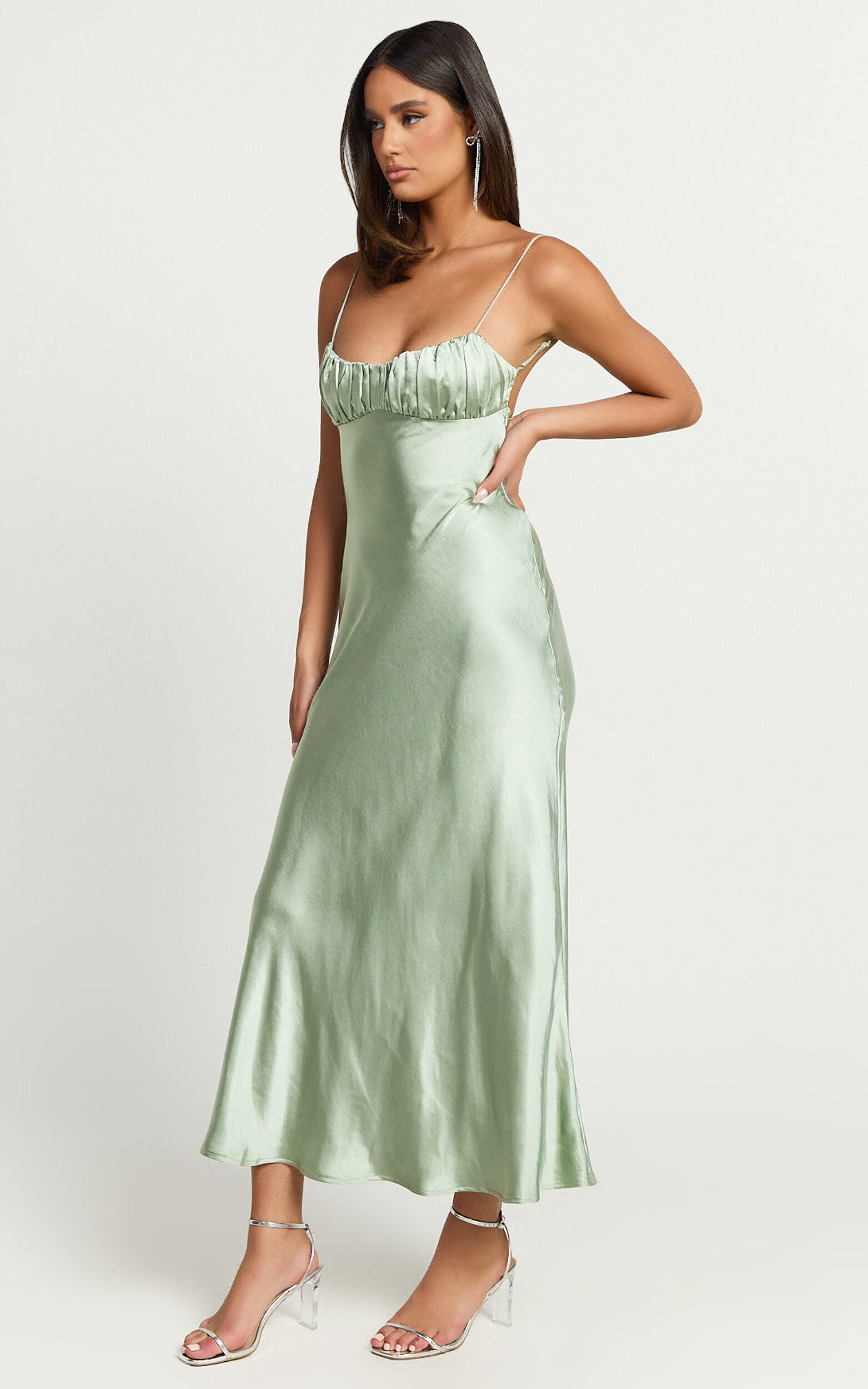 Jonalyn Midi Dress - Open Back Detailing Slip Dress in Sage
