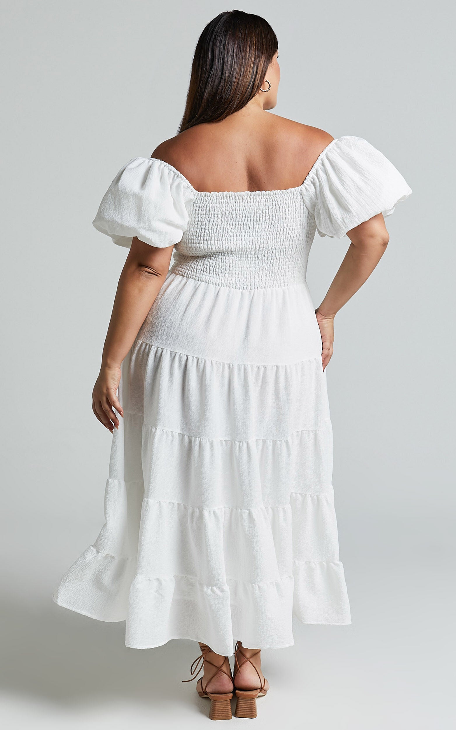 Maxima Midi Dress - Puff Sleeve Shirred Bodice Tiered Dress in White