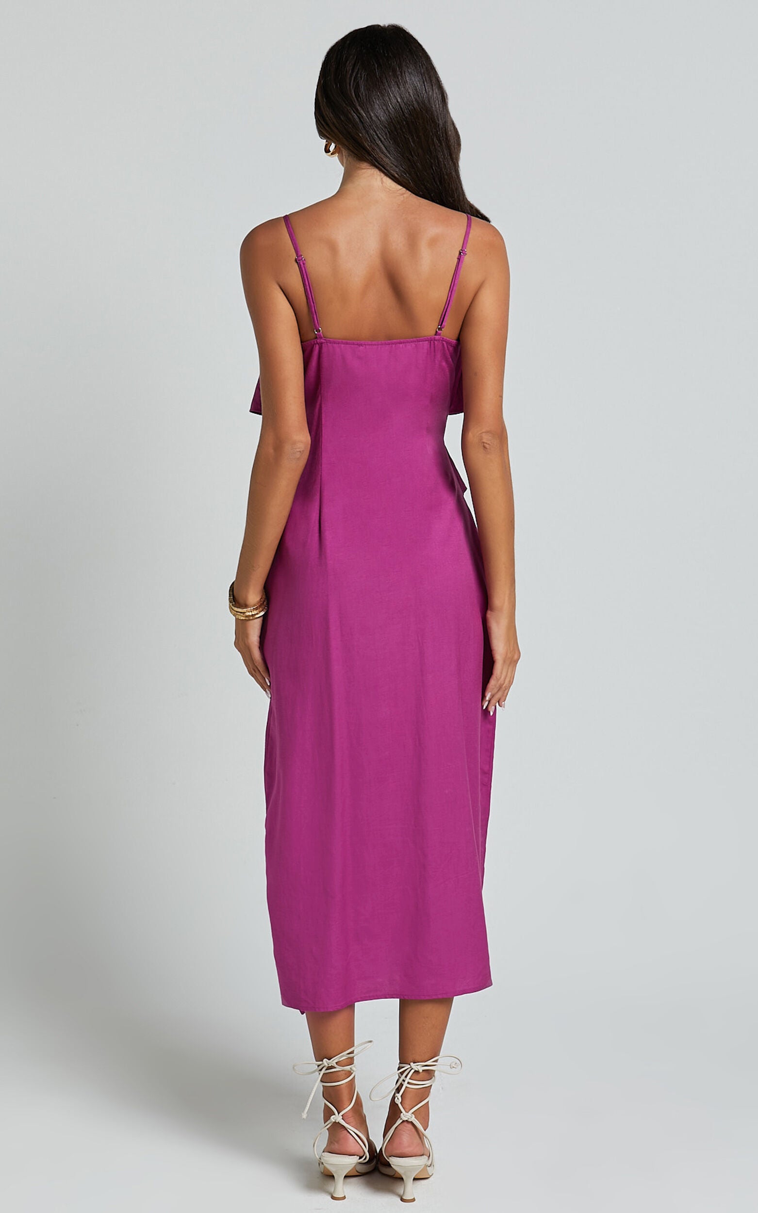 Pearline Midi Dress - Linen Frill Detail Thigh Split Slip Dress in Grape