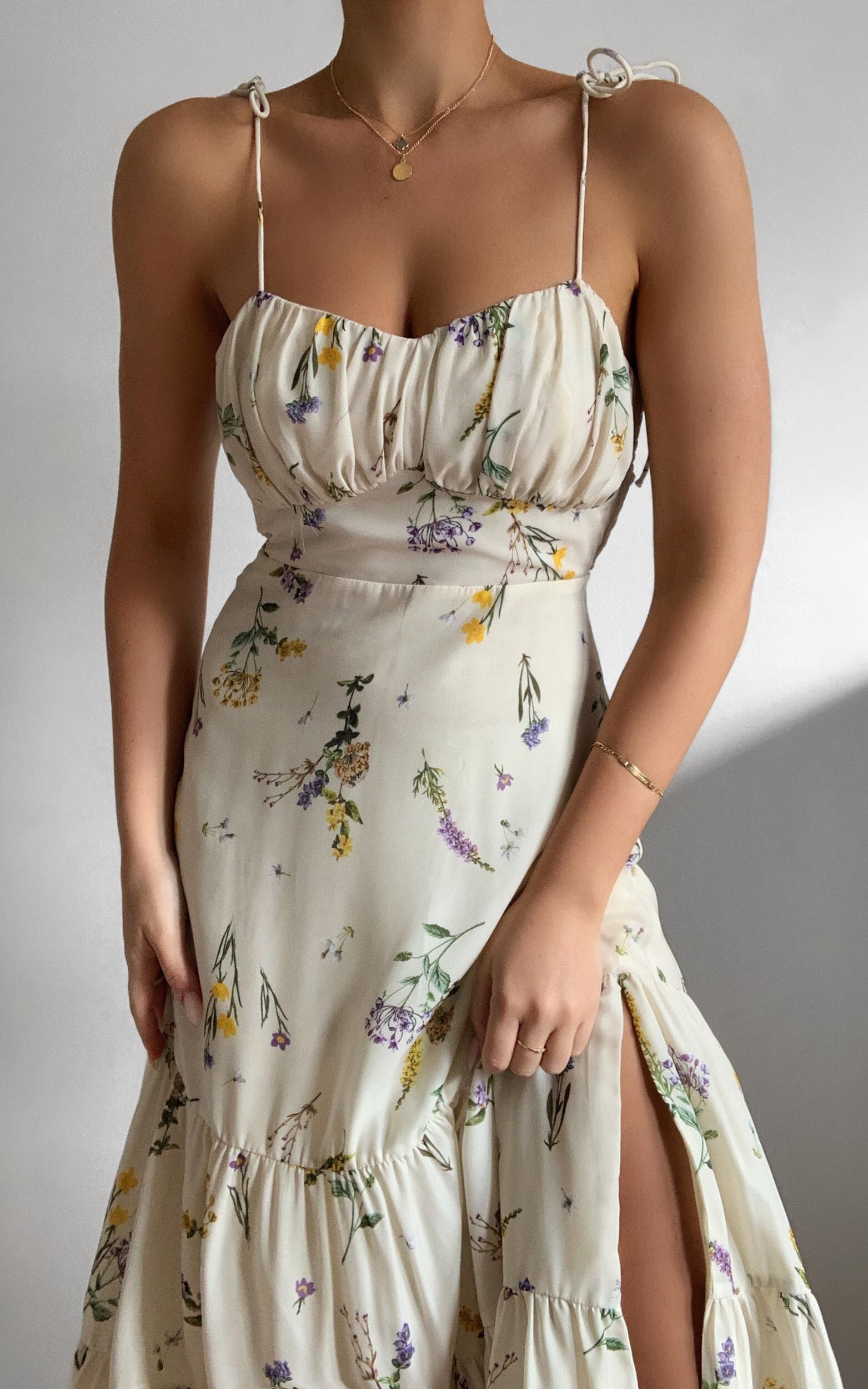 Monaco Midi Dress - Strappy Sweetheart Tiered Dress in Botanical floral
