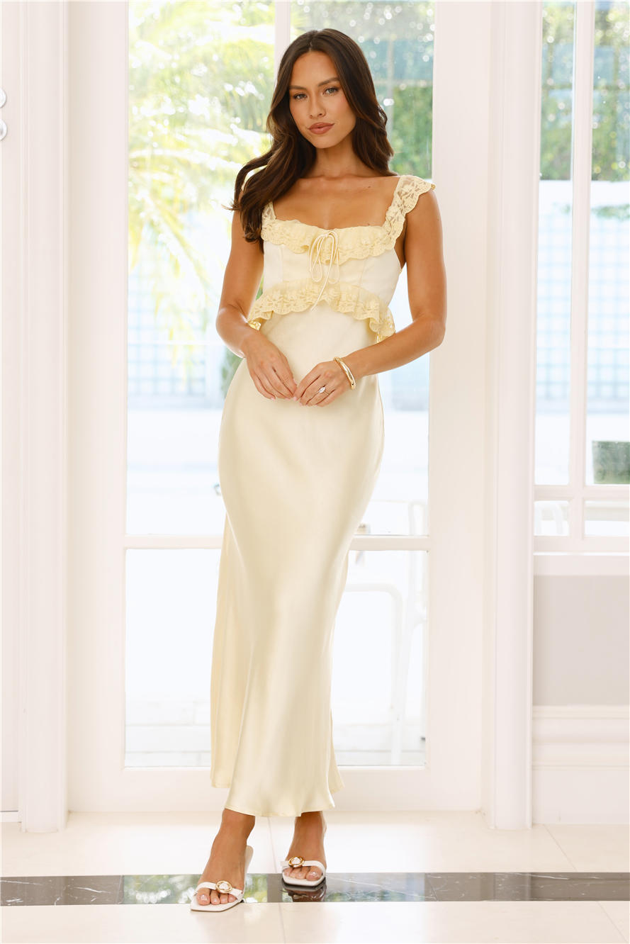 Waltzing In Romance Satin Maxi Dress Yellow