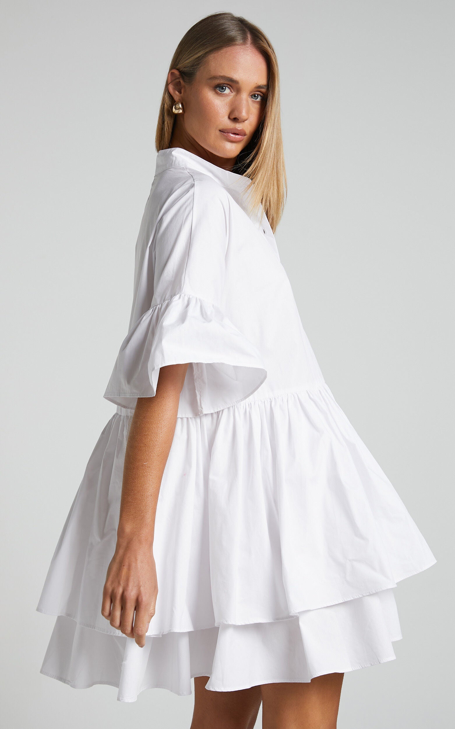 Elowen Mini Dress - Button Up Asymmetrical Tiered Smock Dress in White