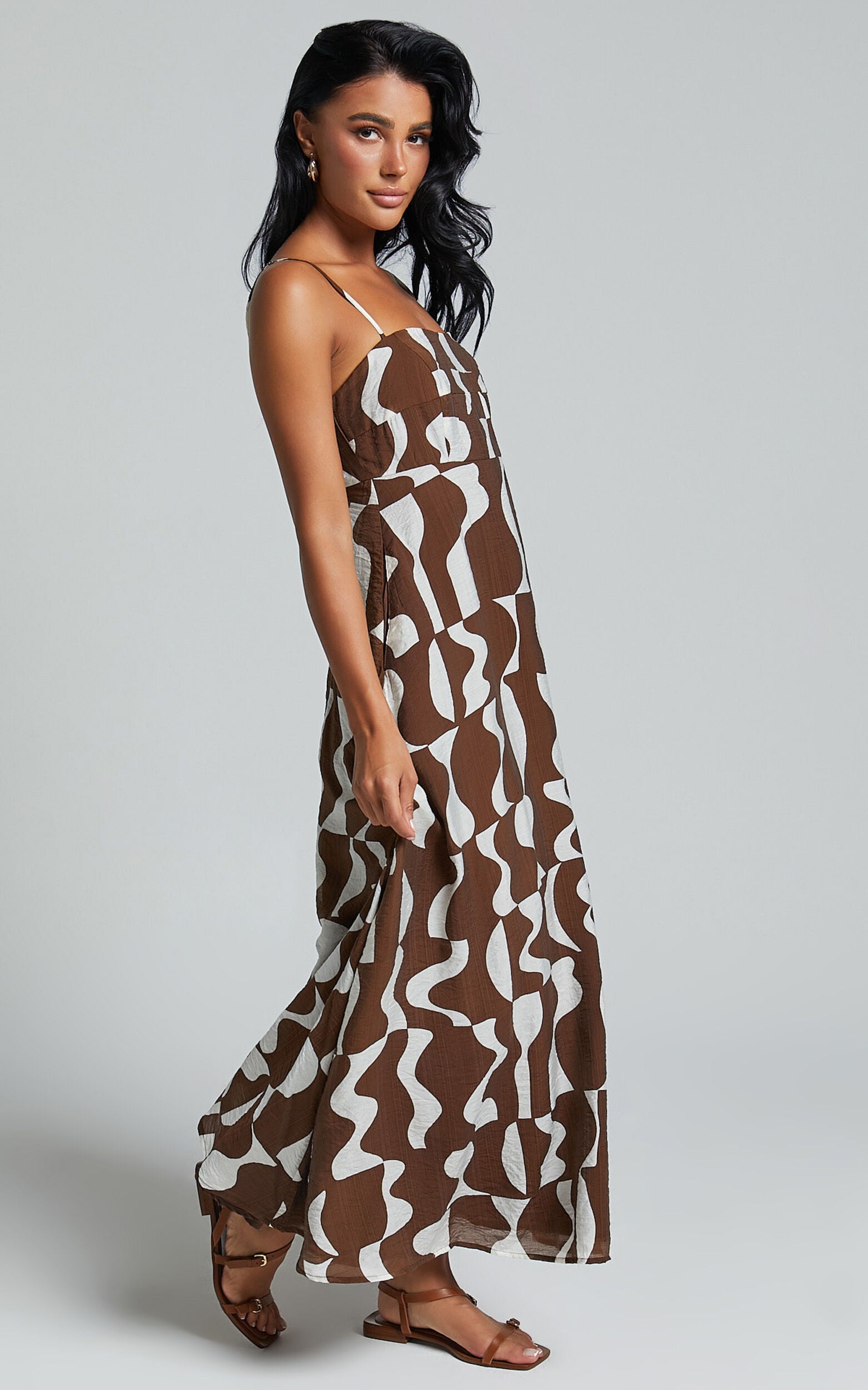 Elisabetta Midi Dress - Empire Waist A Line Dress in Chocolate Mono Wave