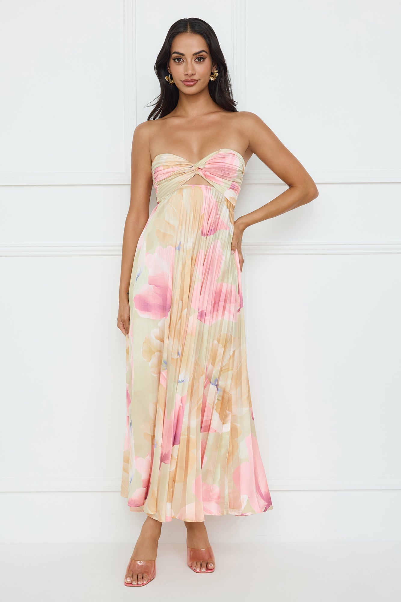 Sea Goddess Strapless Satin Maxi Dress Print