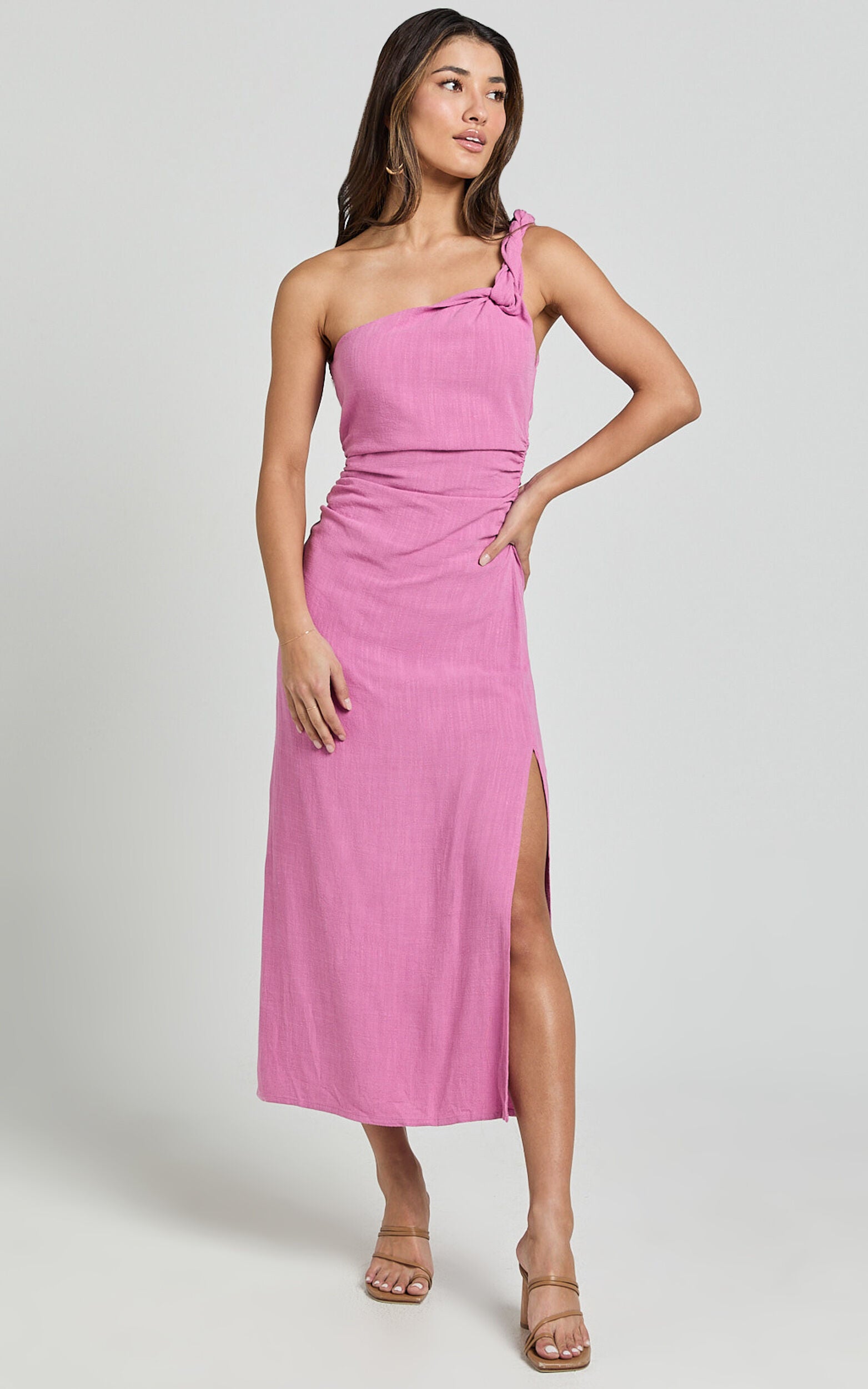 Finley Midi Linen Dress - Linen Feel One Shoulder Ruched Dress in Orchid