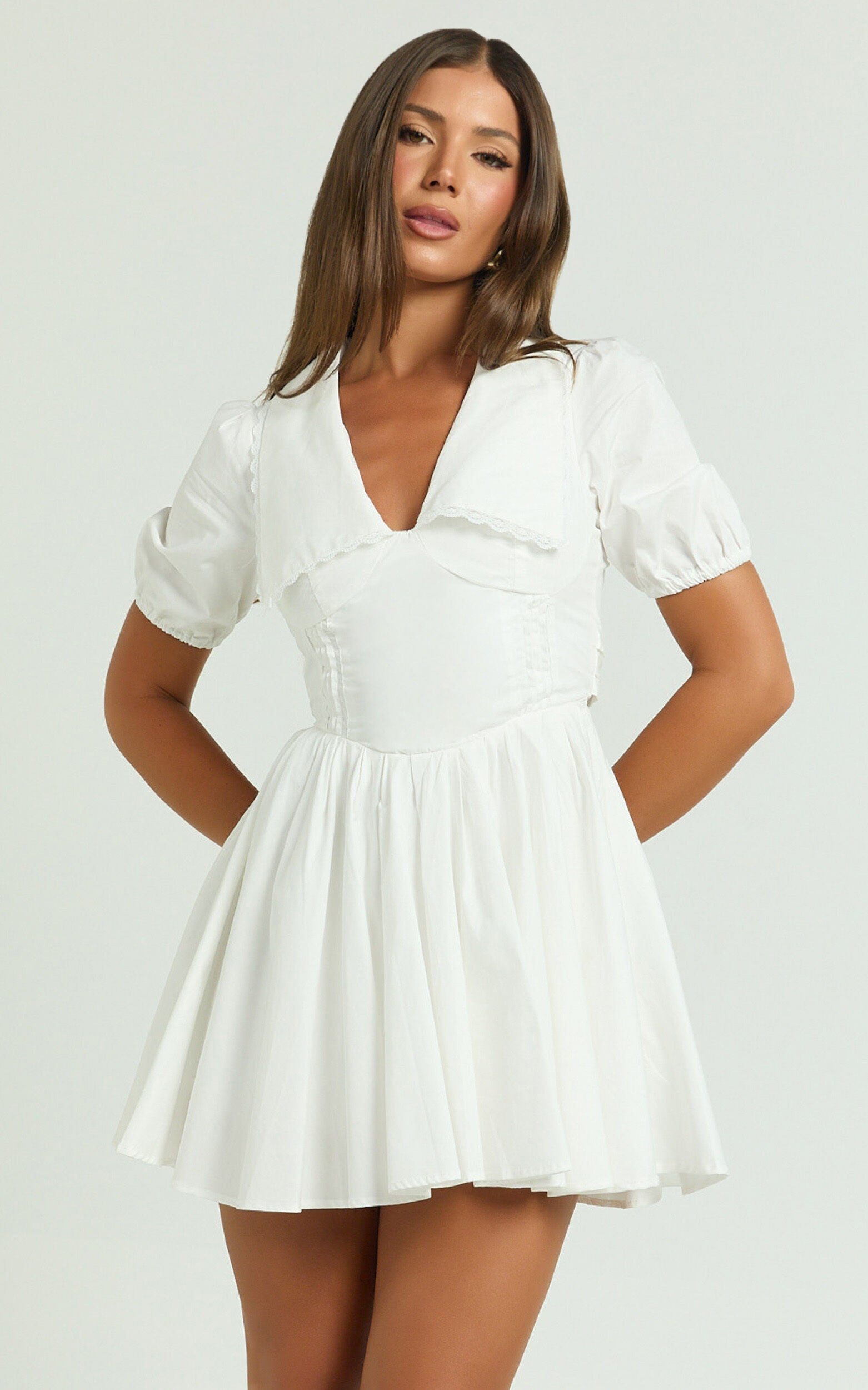 Jhorgen Mini Dress - Collared Puff Sleeve Dress in White
