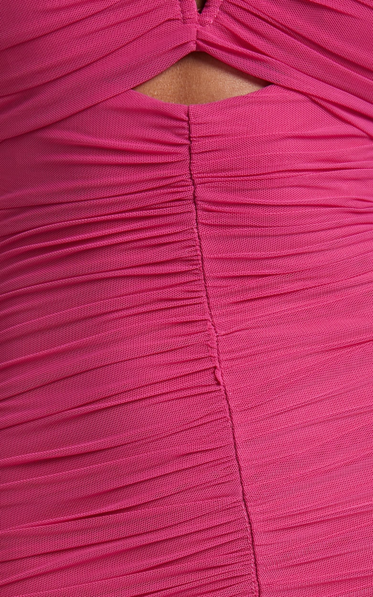 Kody Midi Dress - Bodycon Ruched Mesh Cut Out Dress in Hot Pink