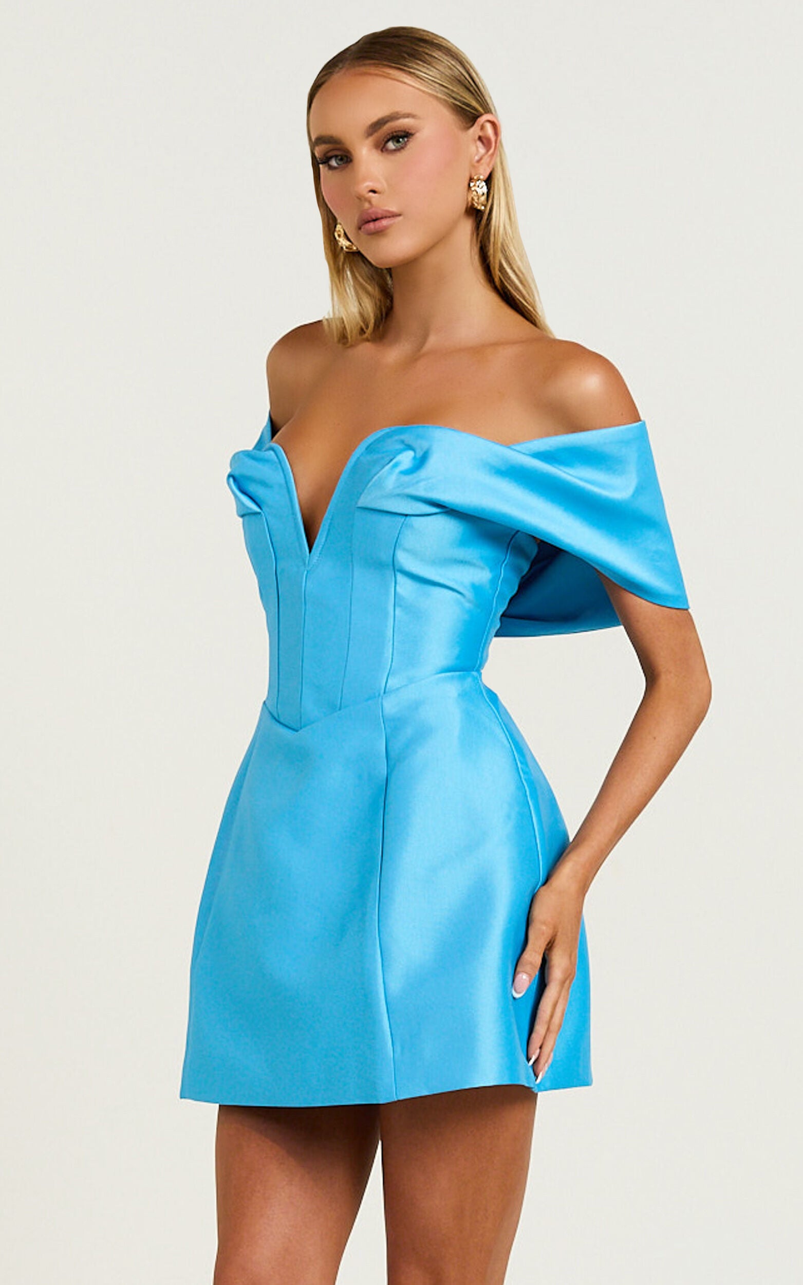 Jayce Mini Dress - Plunge Neck Off Shoulder Tulip Dress in Blue