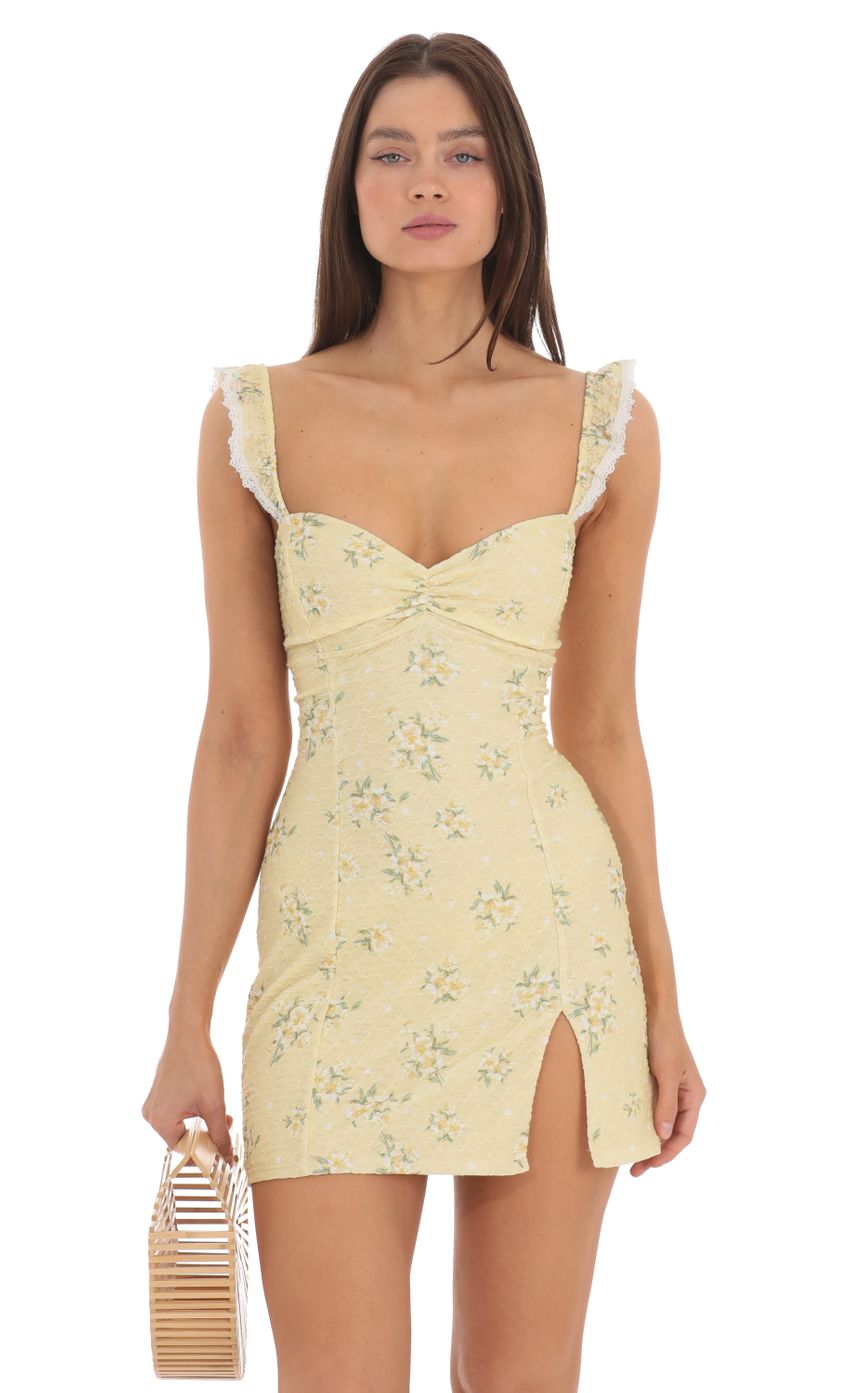 Floral Sweetheart Neck Dress in Yellow