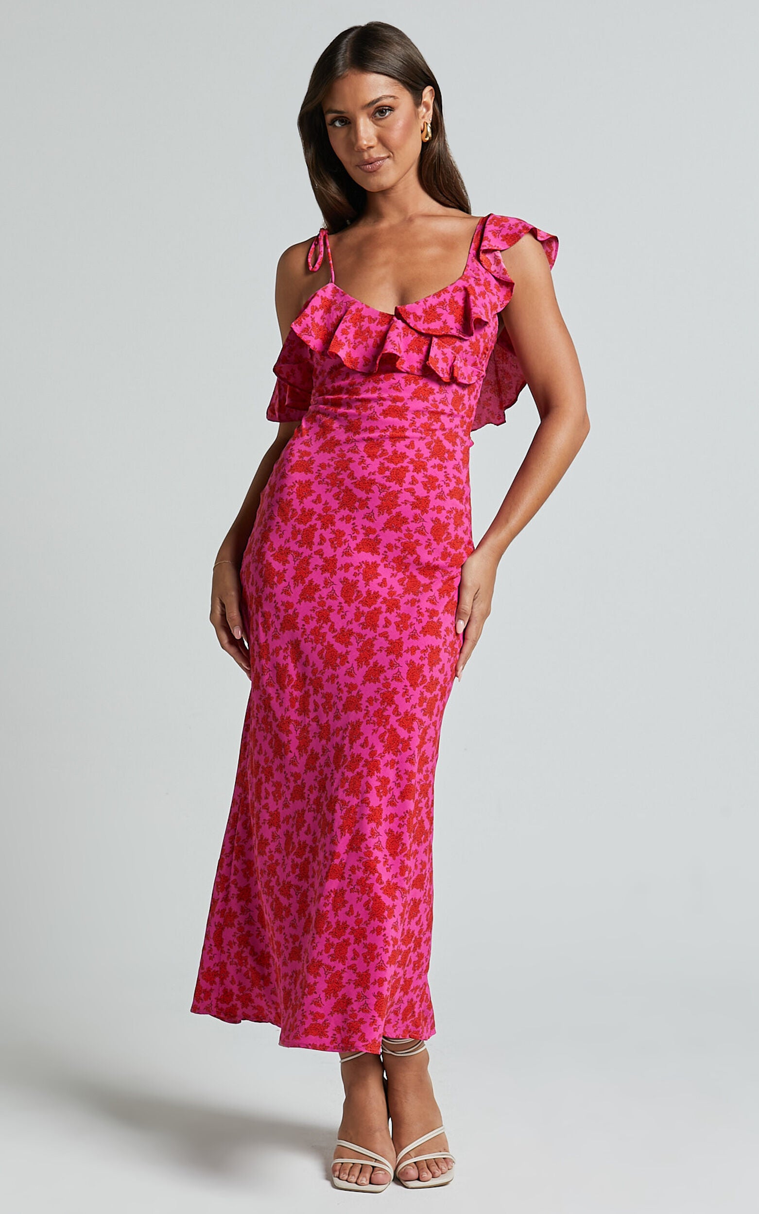 Giulia Midi Dress - One Shoulder Frill Detail Dress in Pink Floral