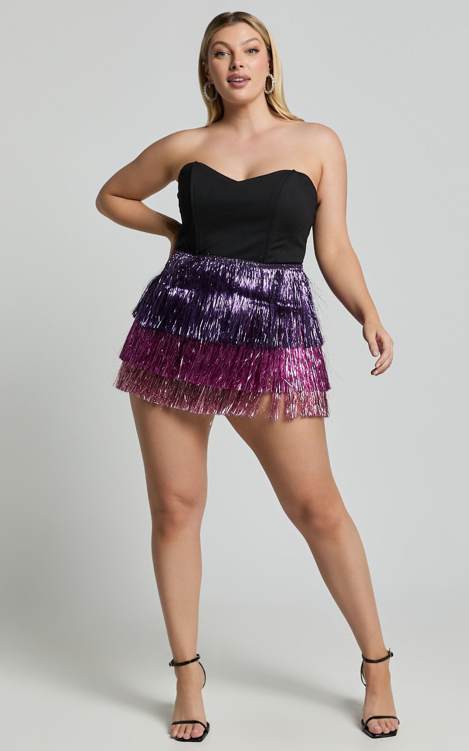 Flossie Mini Dress - Sweetheart Fringe Layered Dress in Black