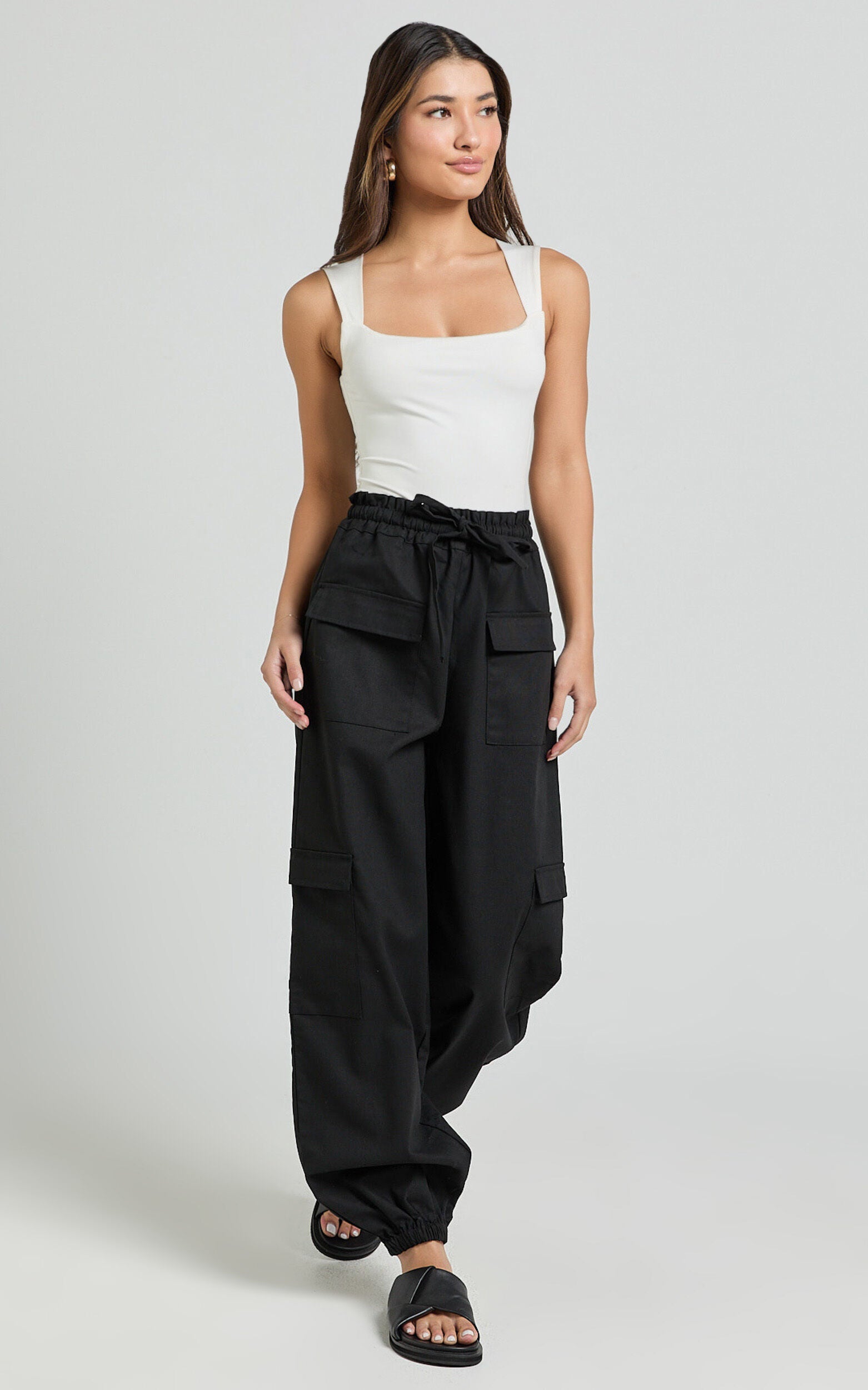 Simpson Pants - Linen Tie Waist Pocket Detail Cargo Pants in Black