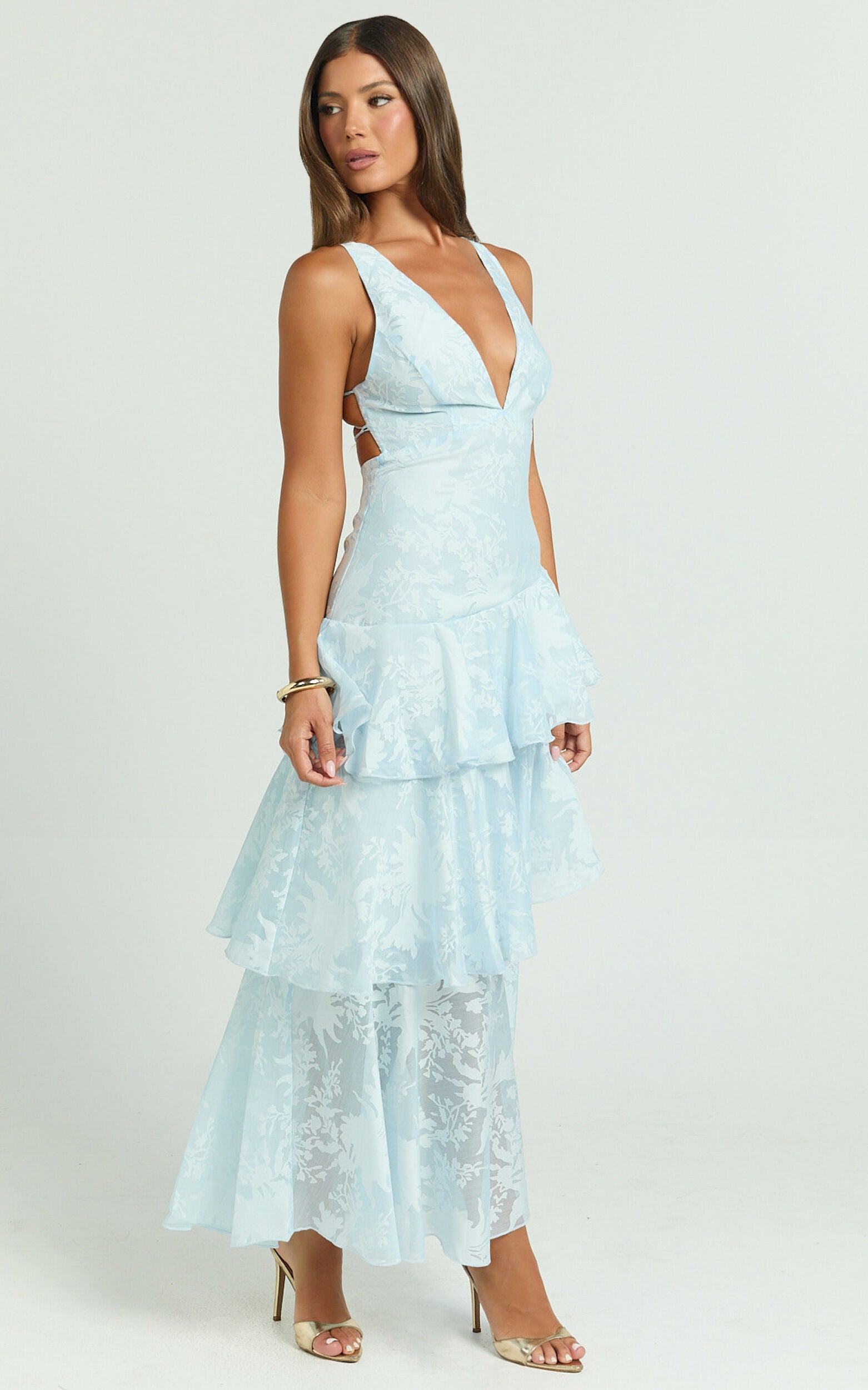 Eva Midi Dress - Deep V Neck Sleeveless Layered Dress in Blue