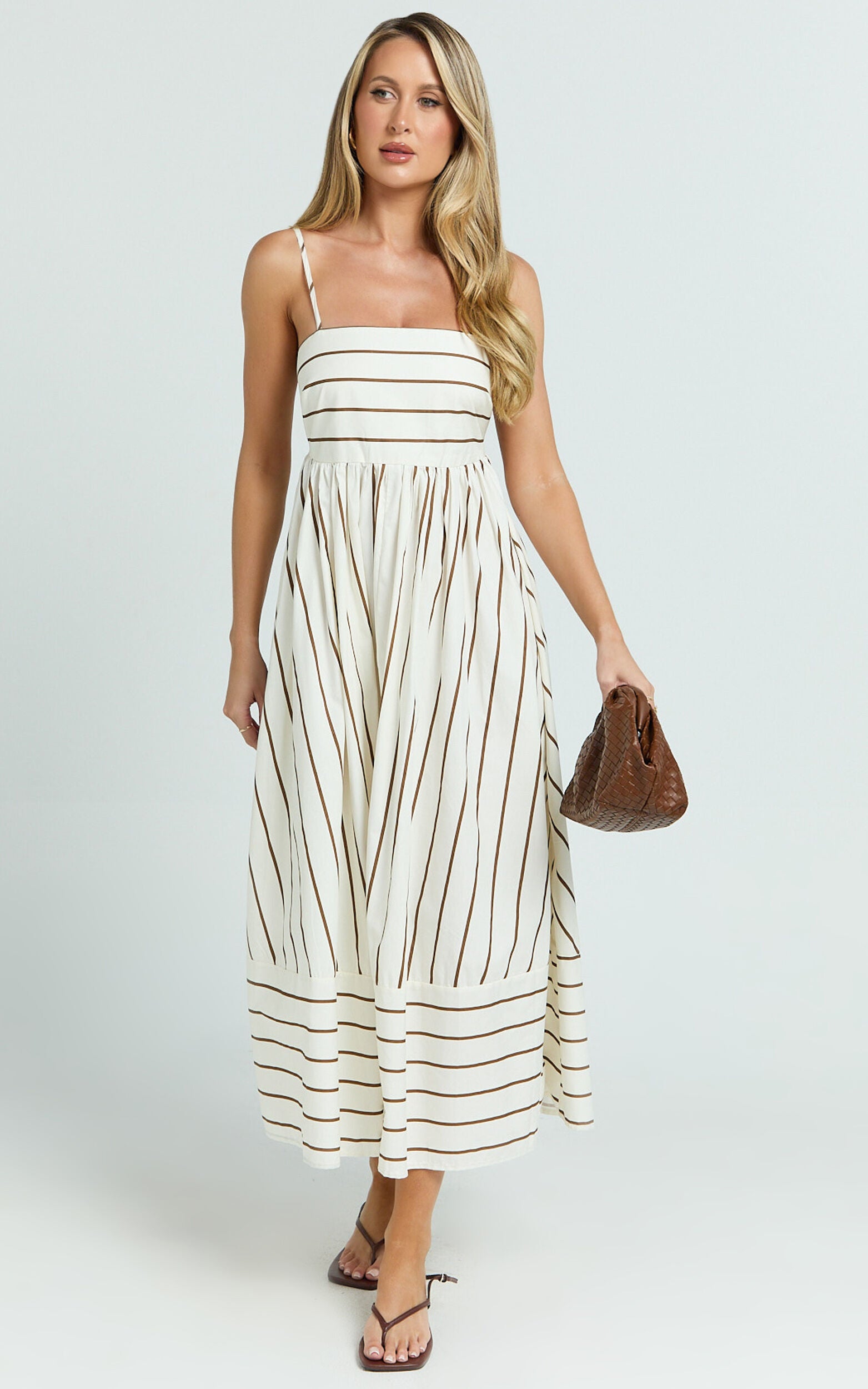 Erich Midi Dress - Open Back Stripe Dress in Beige White
