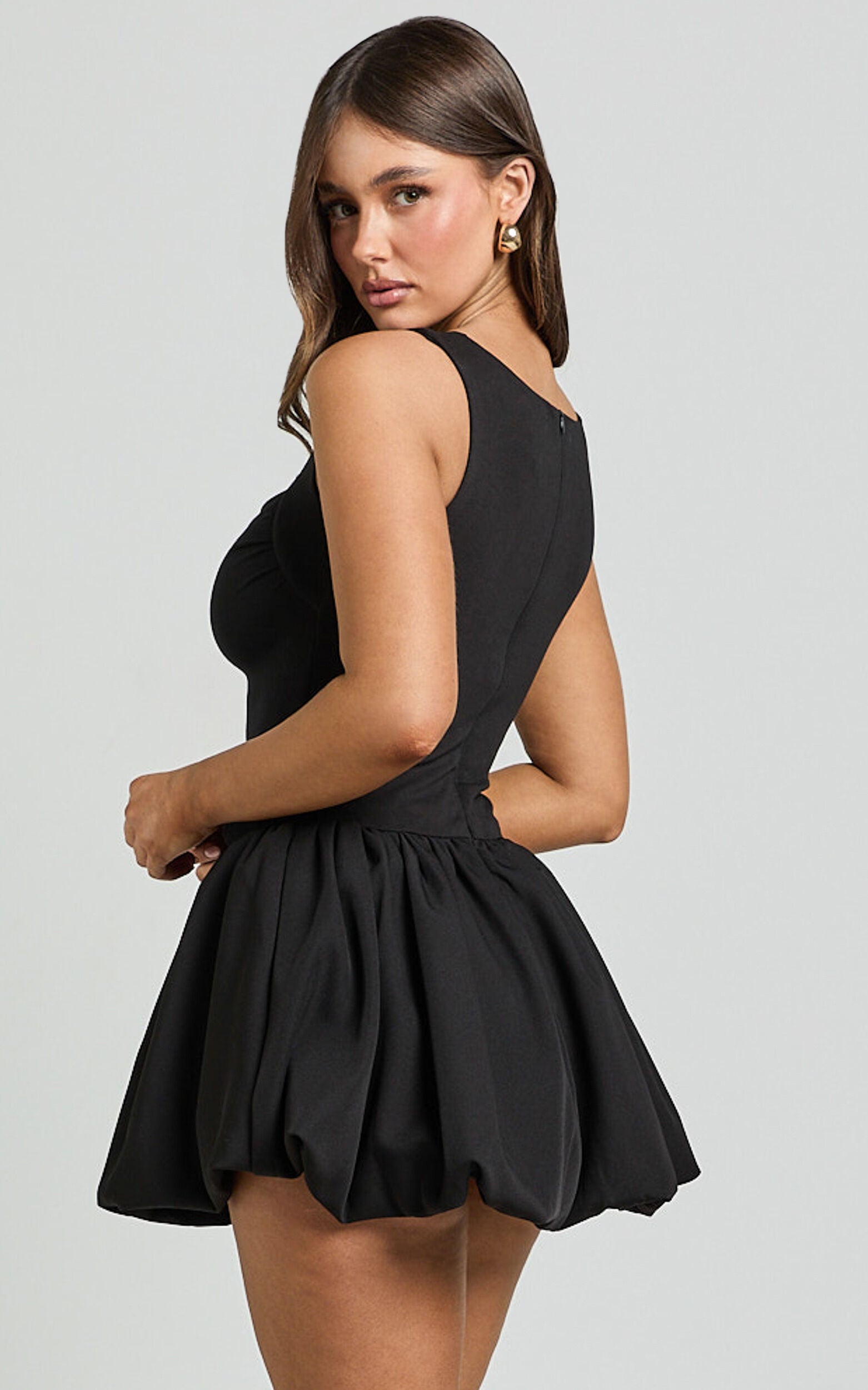 Bridgette Mini Dress - Straight Neck Sleeveless Bubble Hem Dress in Black