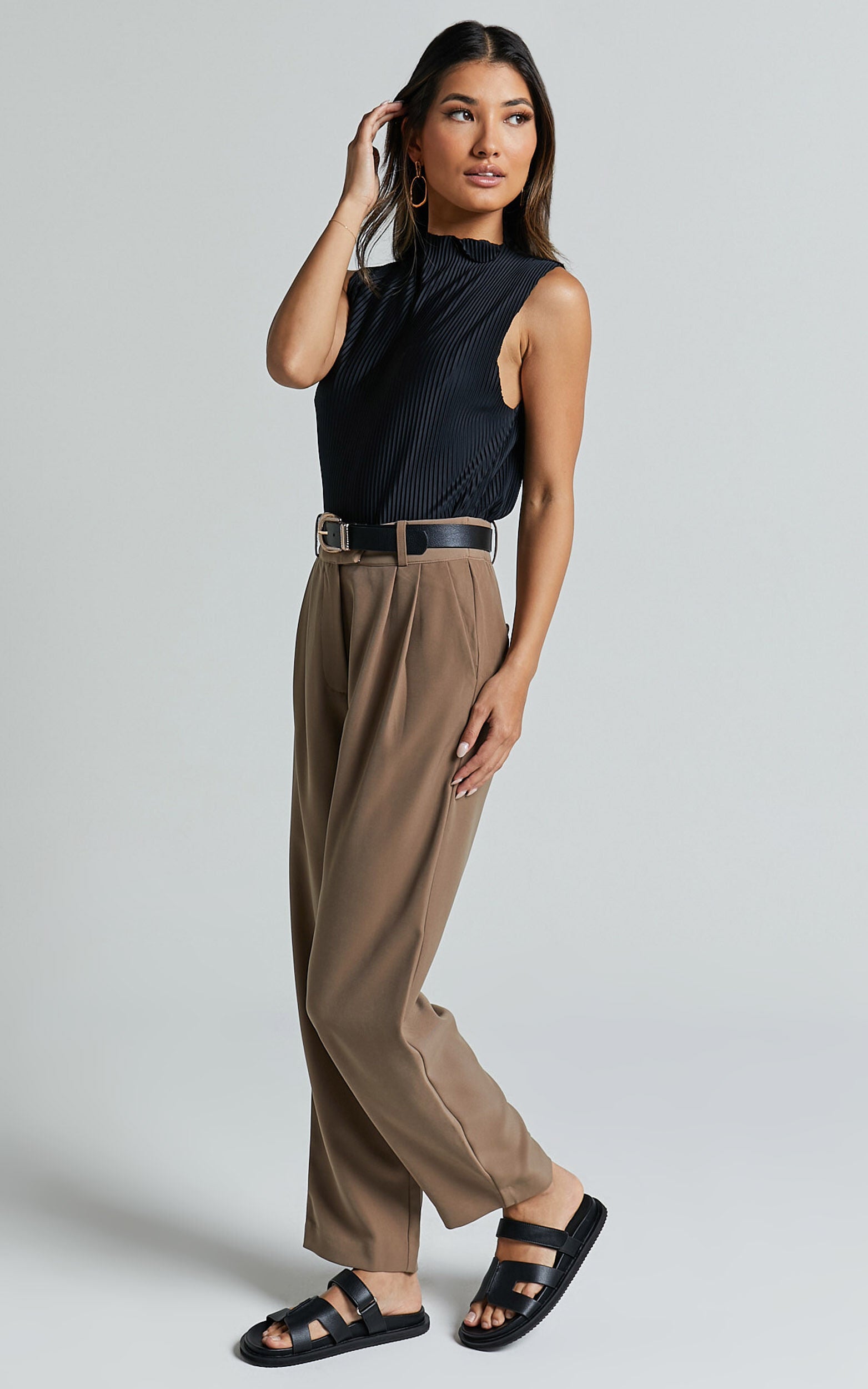 Delailah Pants - Tailored High Waisted Pleat Front Tapered Leg in Cappuccino