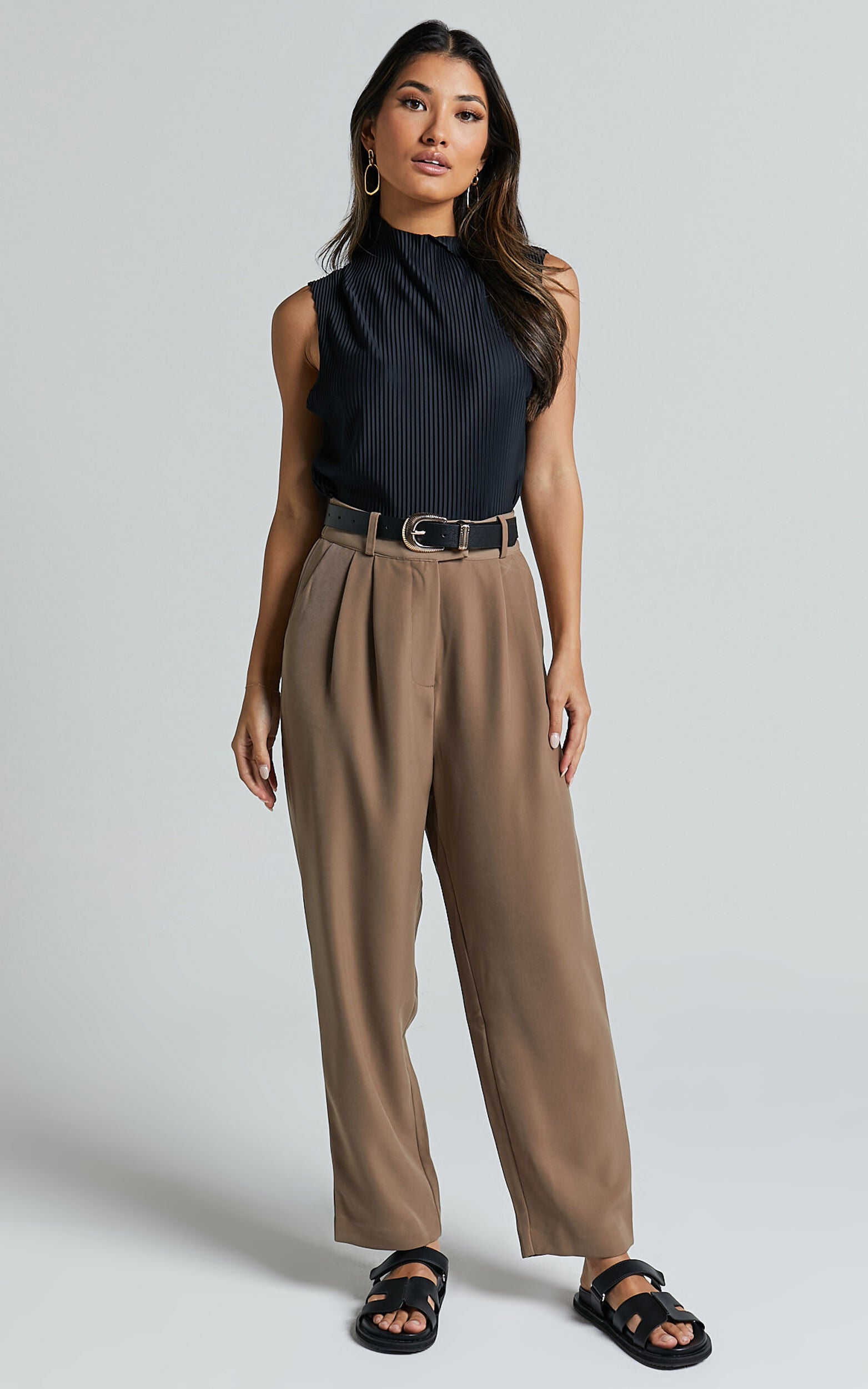 Delailah Pants - Tailored High Waisted Pleat Front Tapered Leg in Cappuccino