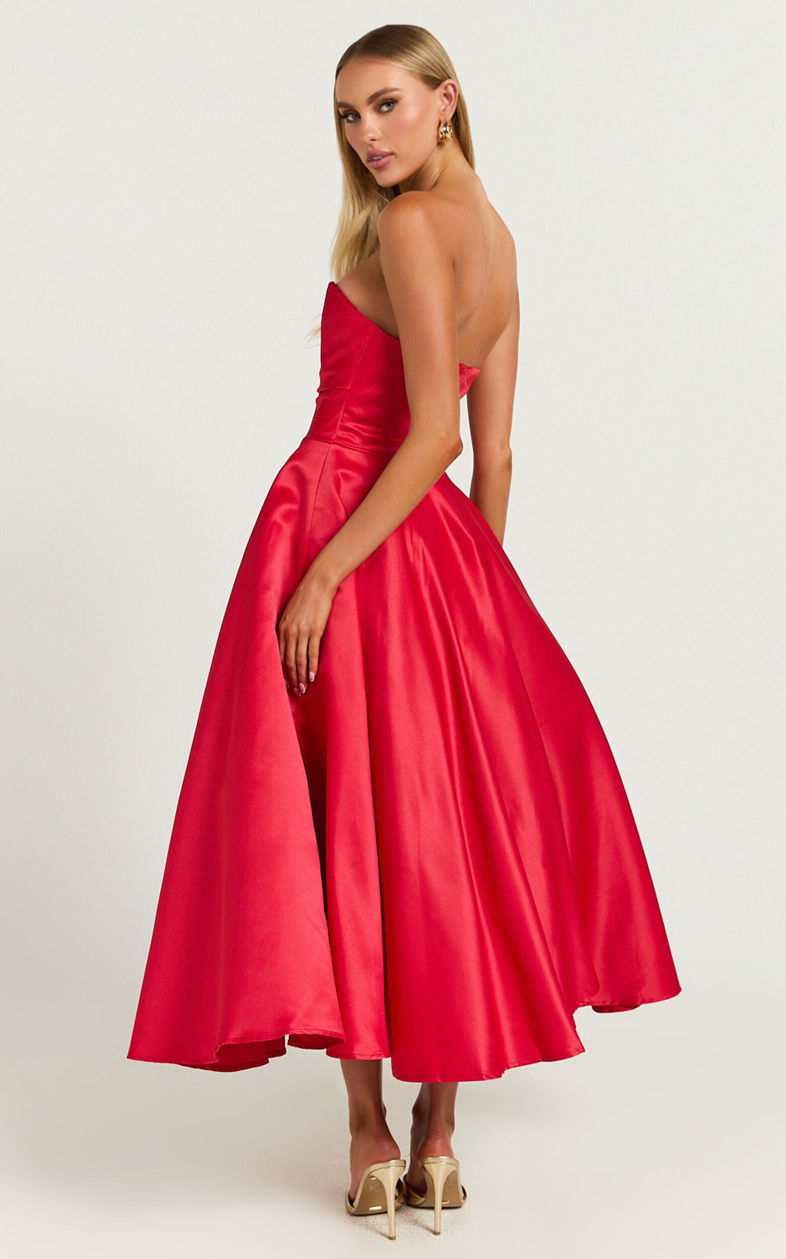 Helaina Midi Dress - Strapless A-Line Satin Dress in Red